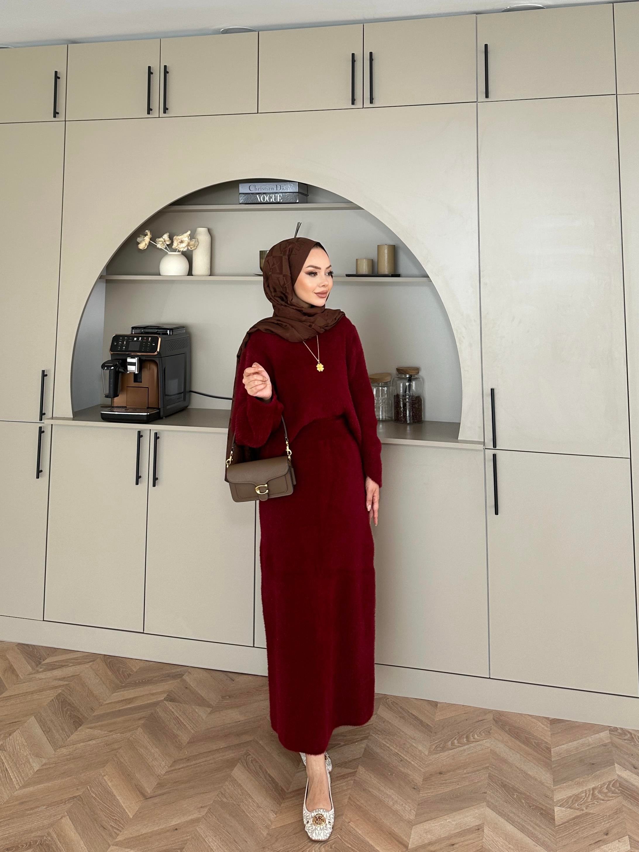 Leah Sakallı Triko Etekli Takım Bordo