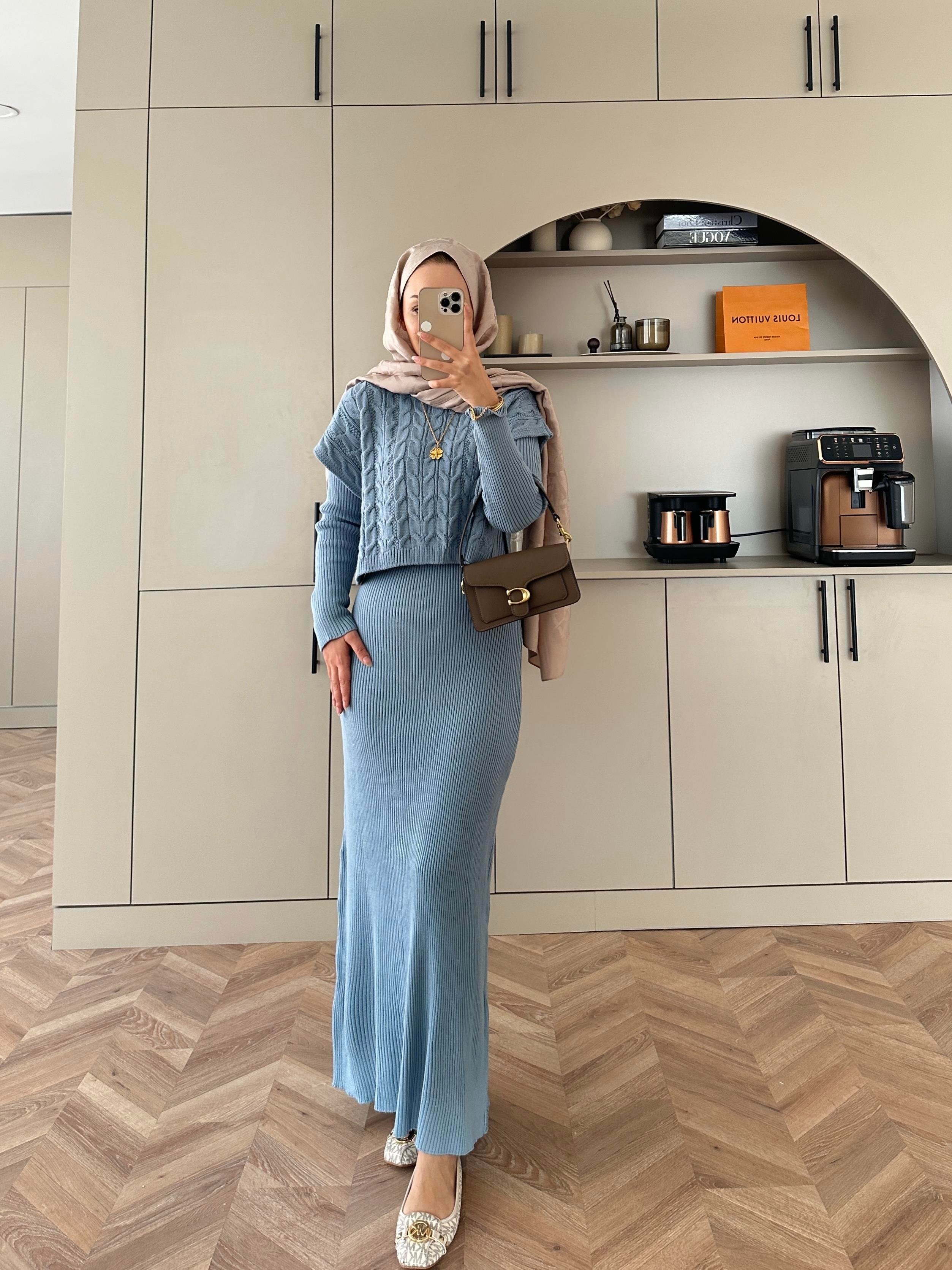 Lilyum Örgü Kapaklı Triko Elbise Bebe Mavisi