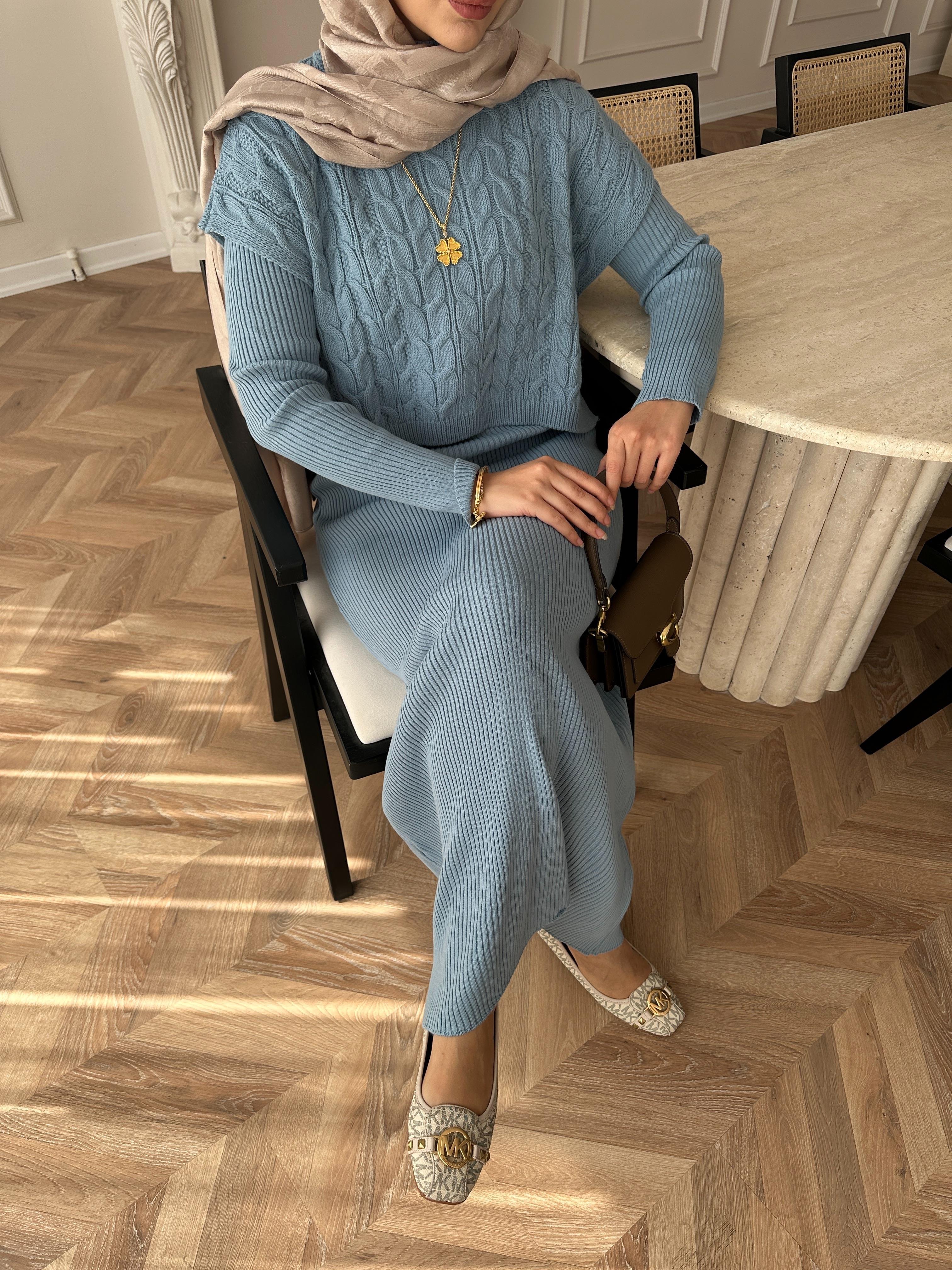 Lilyum Örgü Kapaklı Triko Elbise Bebe Mavisi