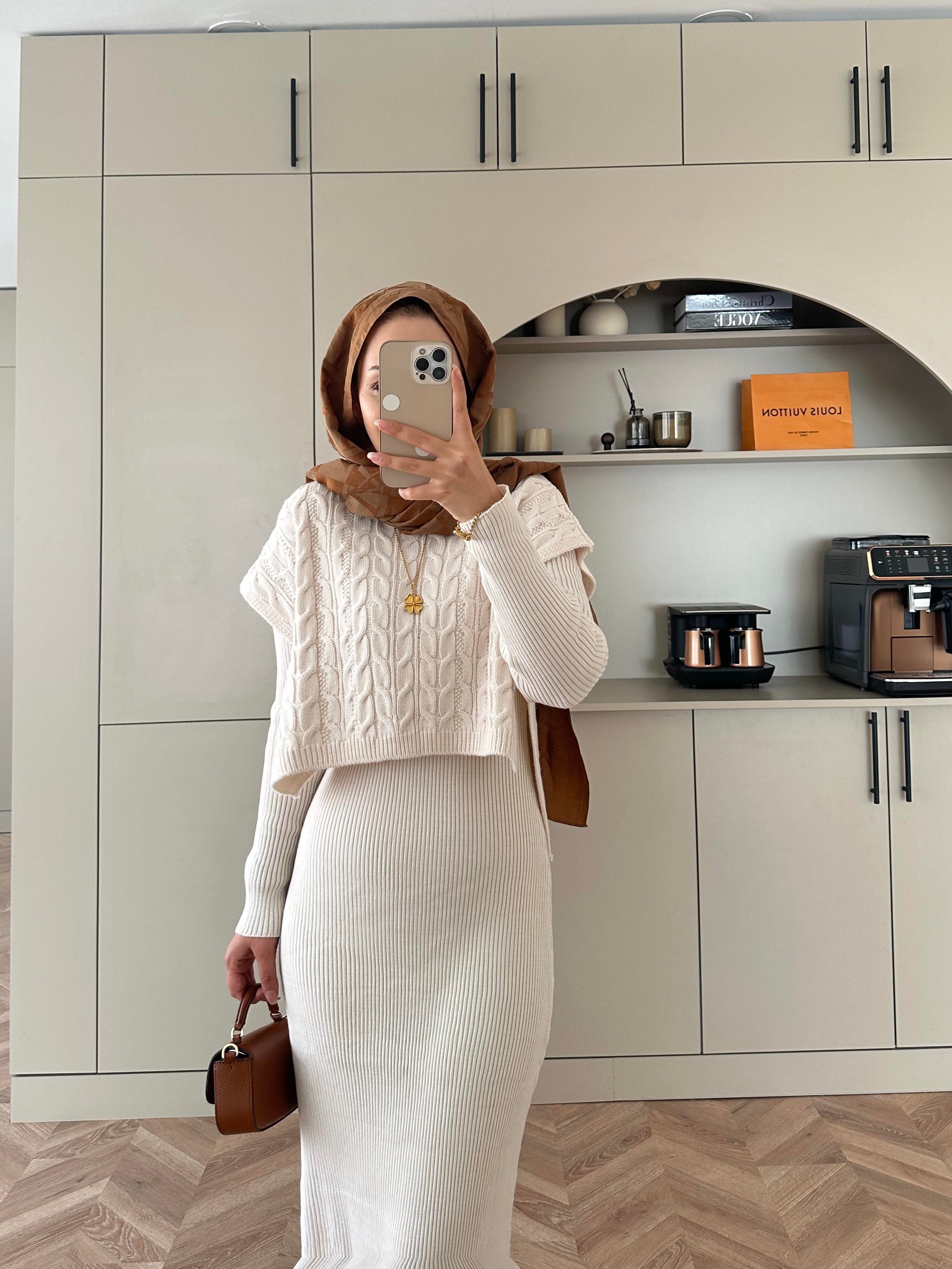 Lilyum Örgü Kapaklı Triko Elbise Bej