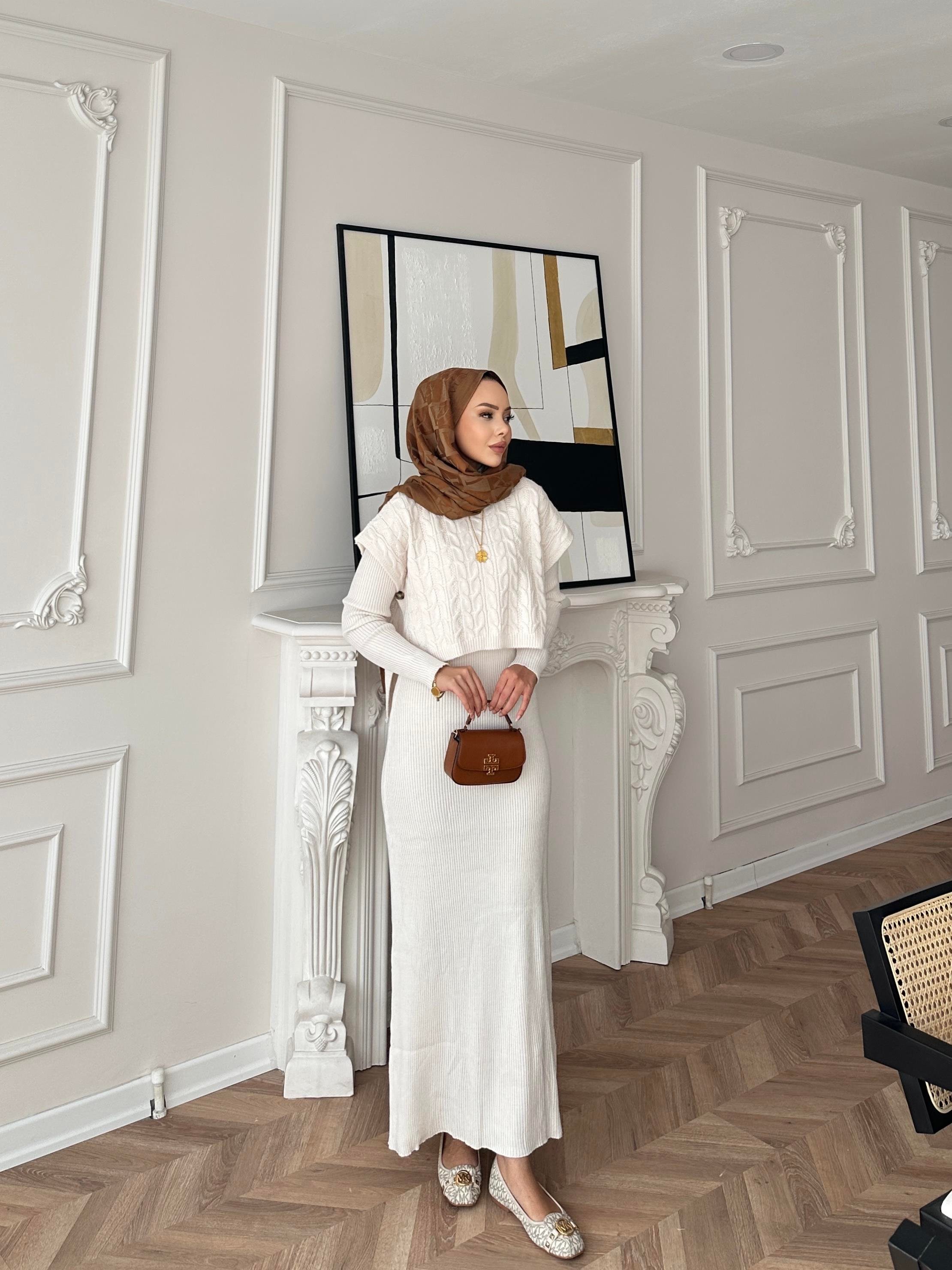 Lilyum Örgü Kapaklı Triko Elbise Bej