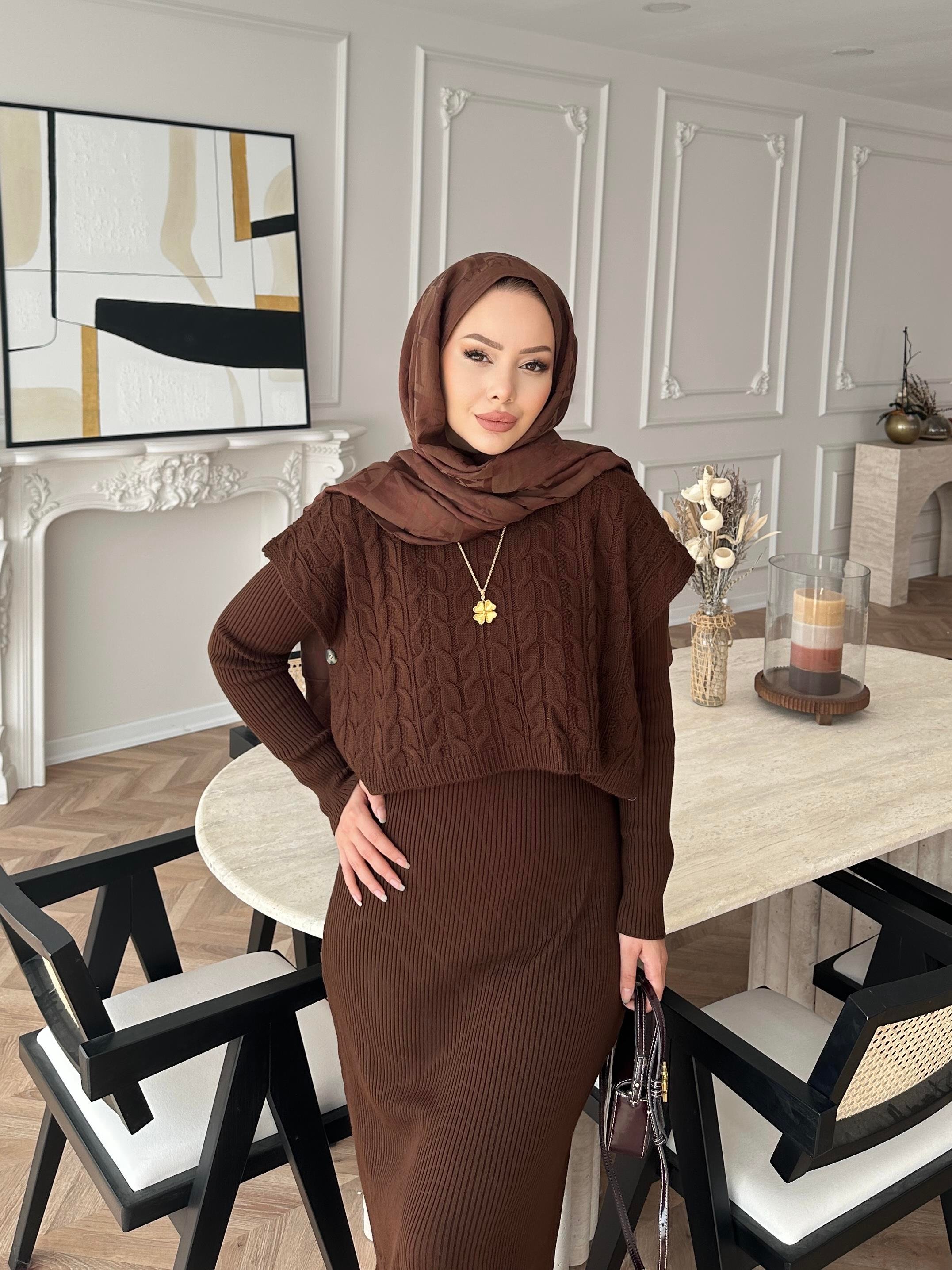 Lilyum Örgü Kapaklı Triko Elbise Kahve