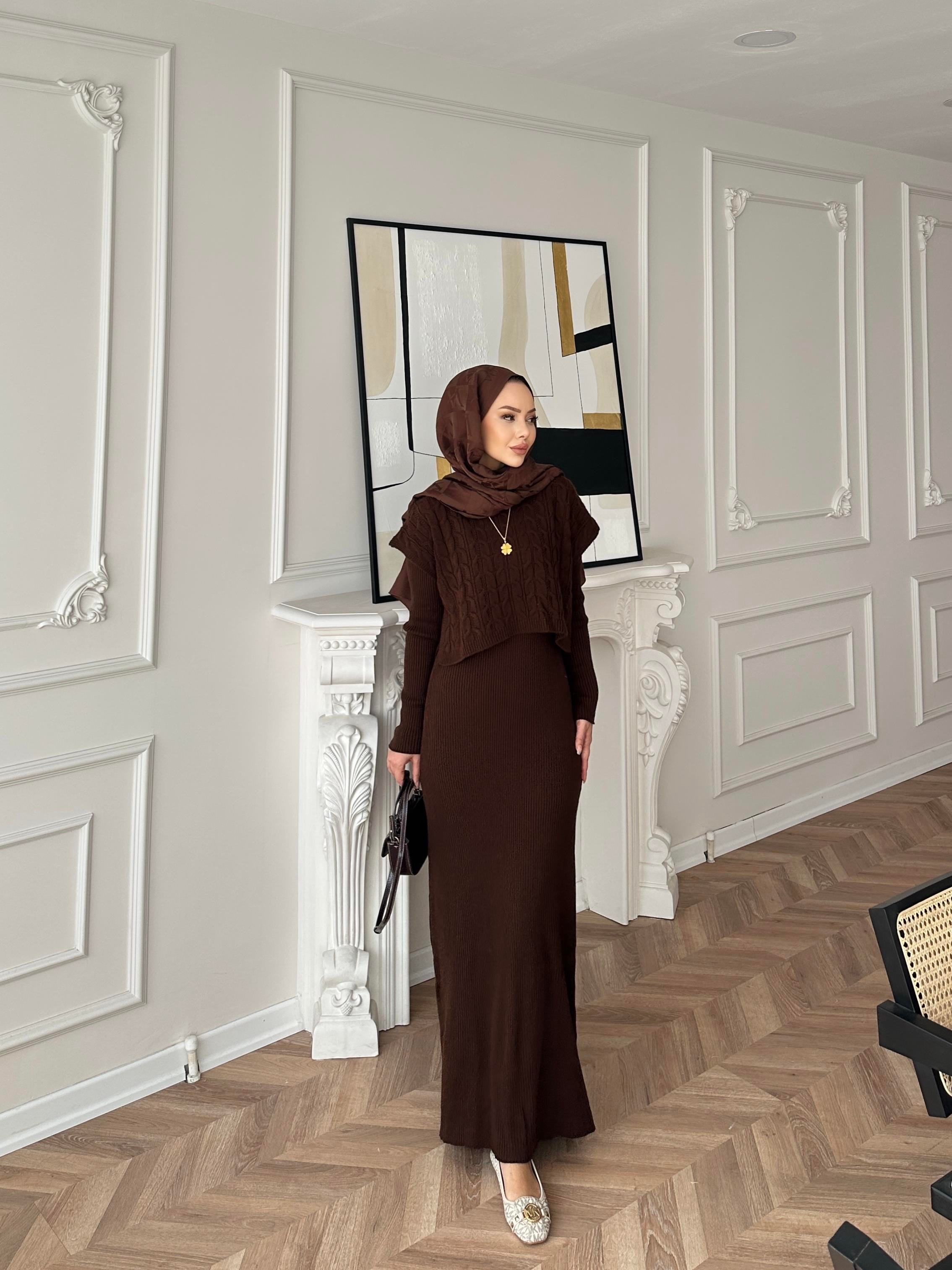 Lilyum Örgü Kapaklı Triko Elbise Kahve