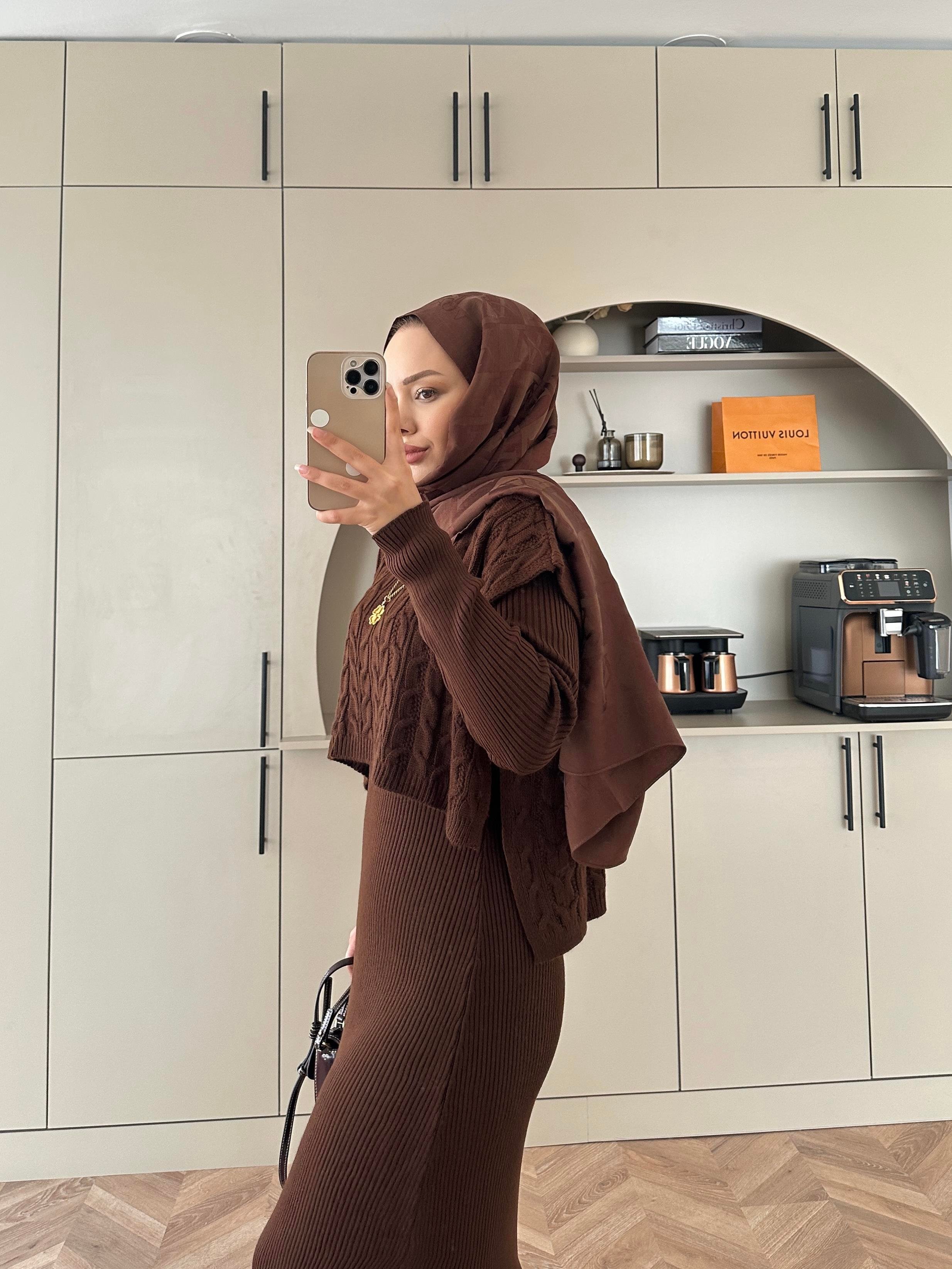 Lilyum Örgü Kapaklı Triko Elbise Kahve