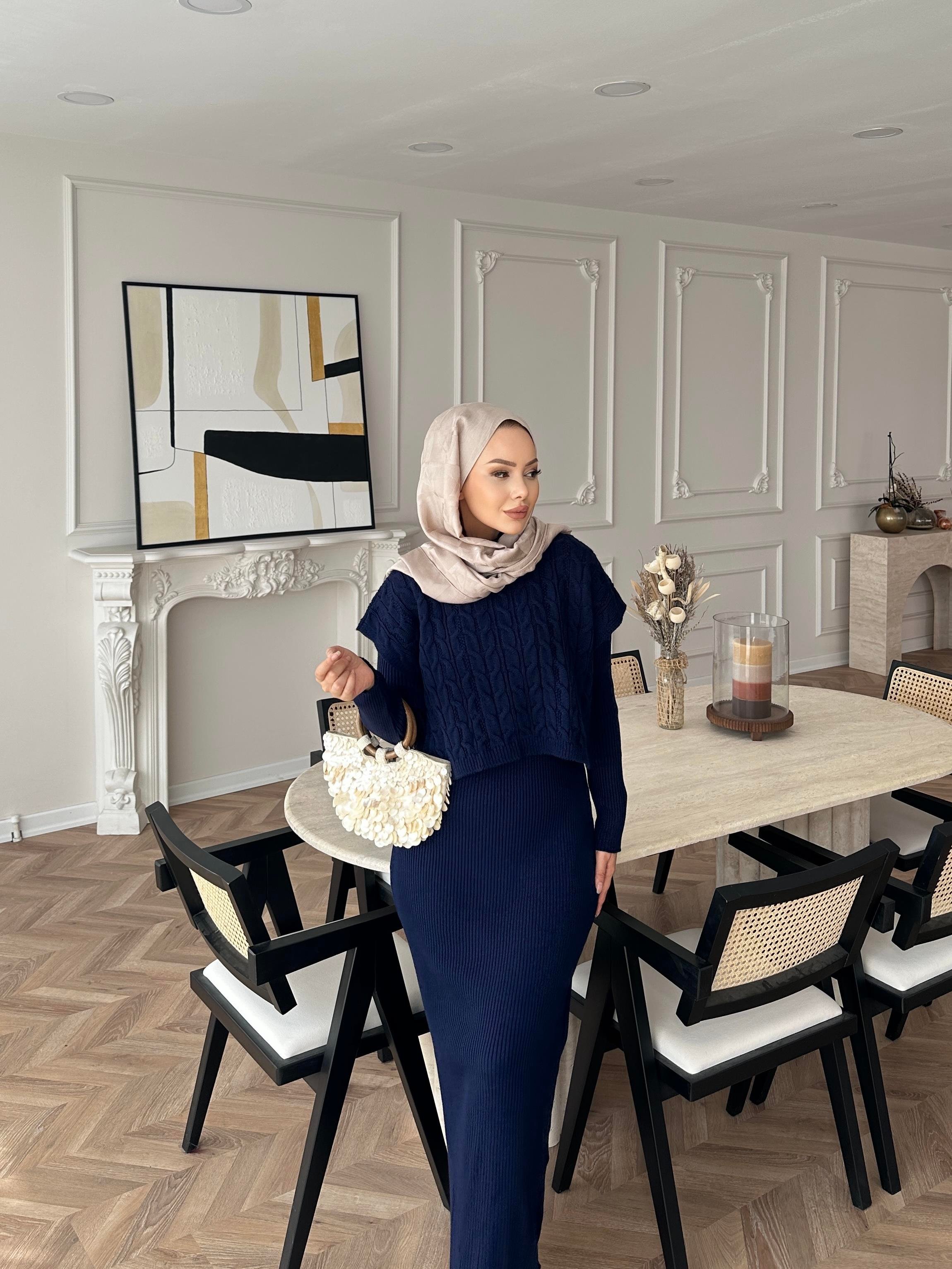 Lilyum Örgü Kapaklı Triko Elbise Lacivert