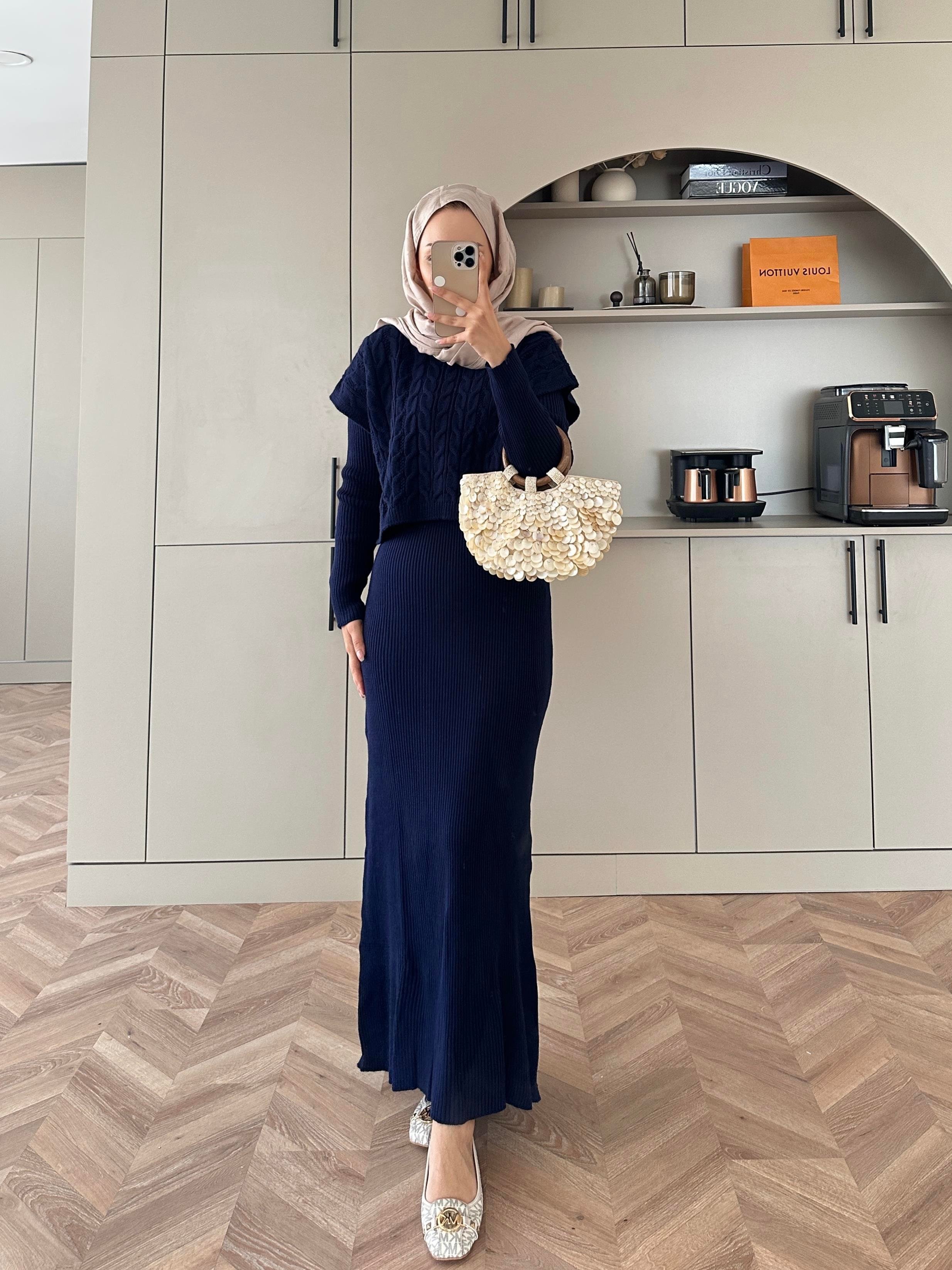 Lilyum Örgü Kapaklı Triko Elbise Lacivert