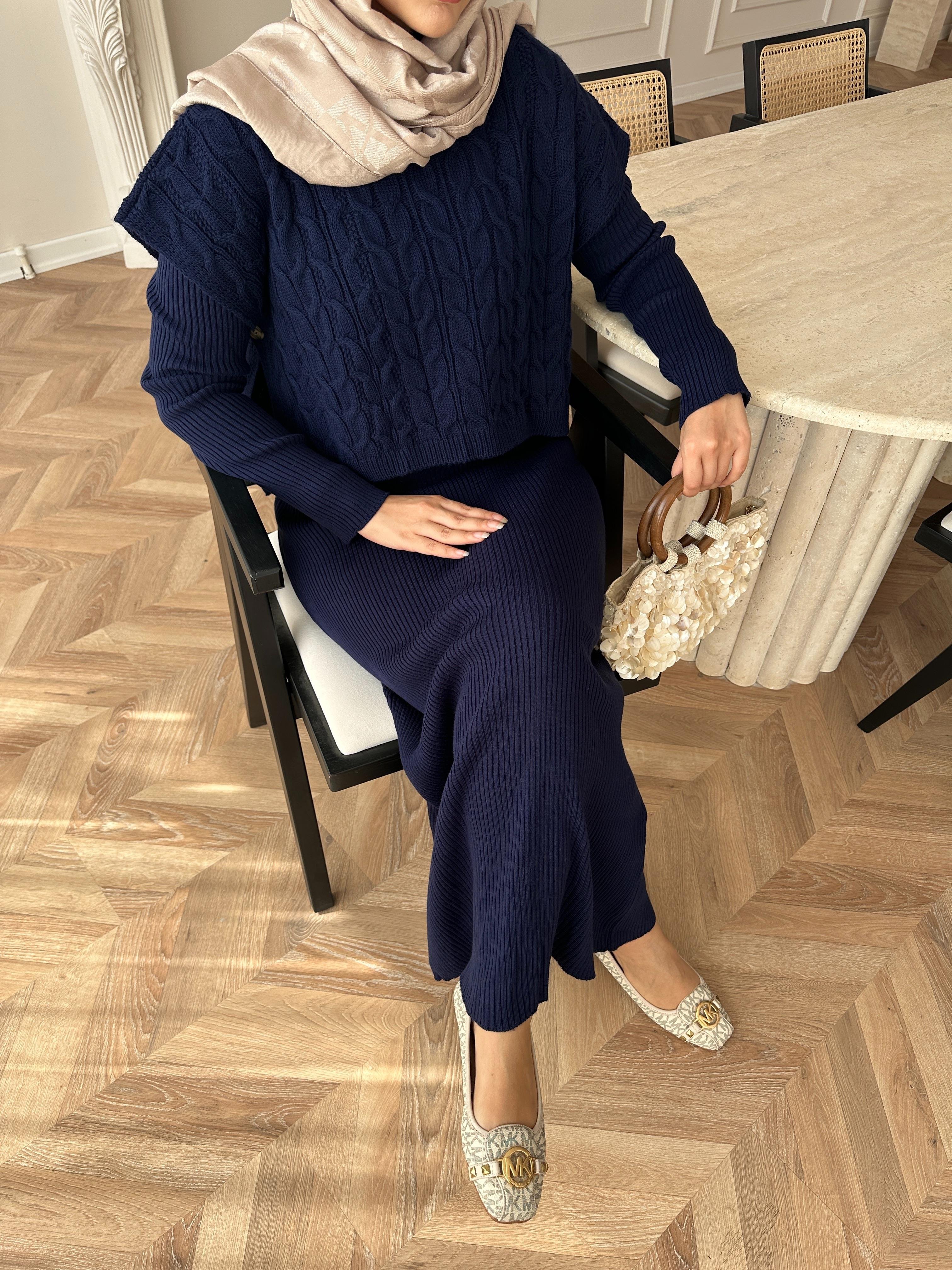 Lilyum Örgü Kapaklı Triko Elbise Lacivert