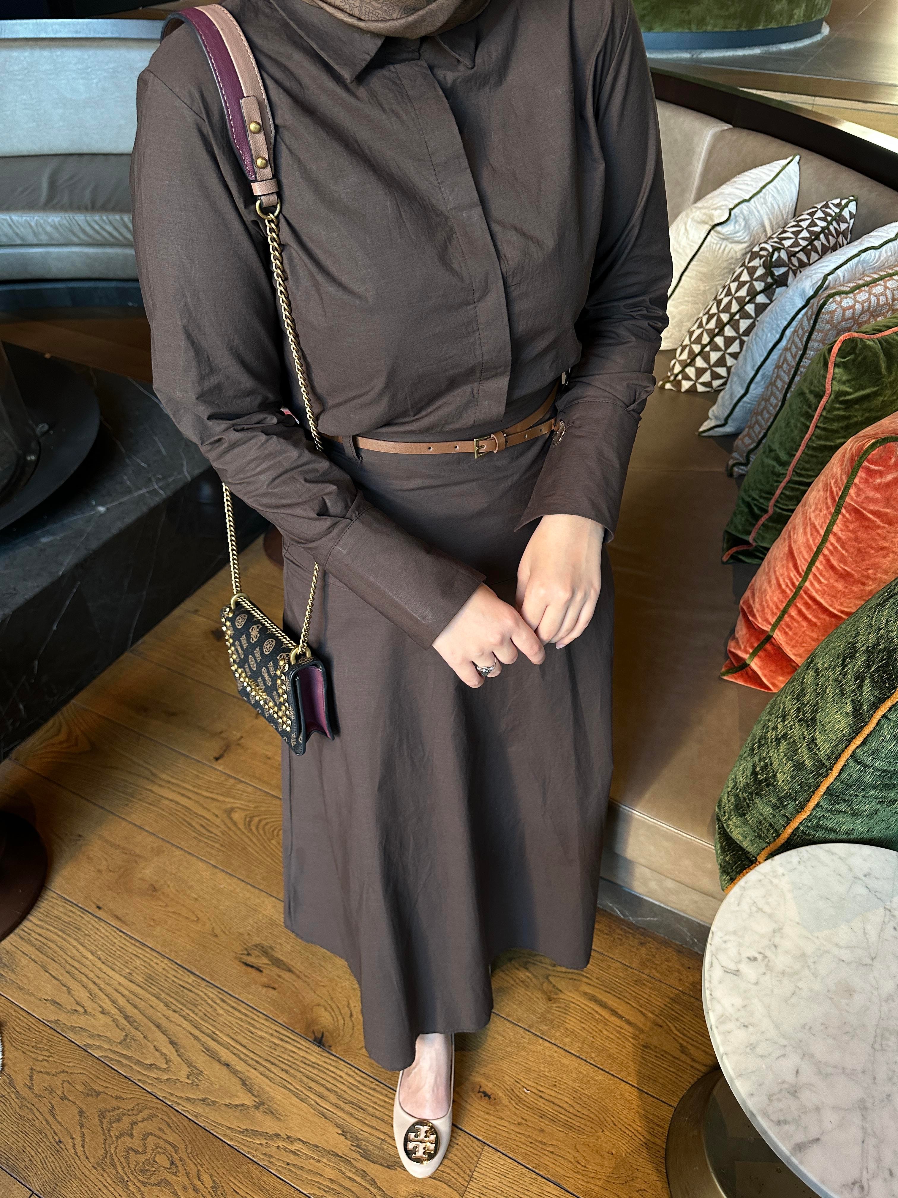 Maron Keten Elbise Acı Kahve