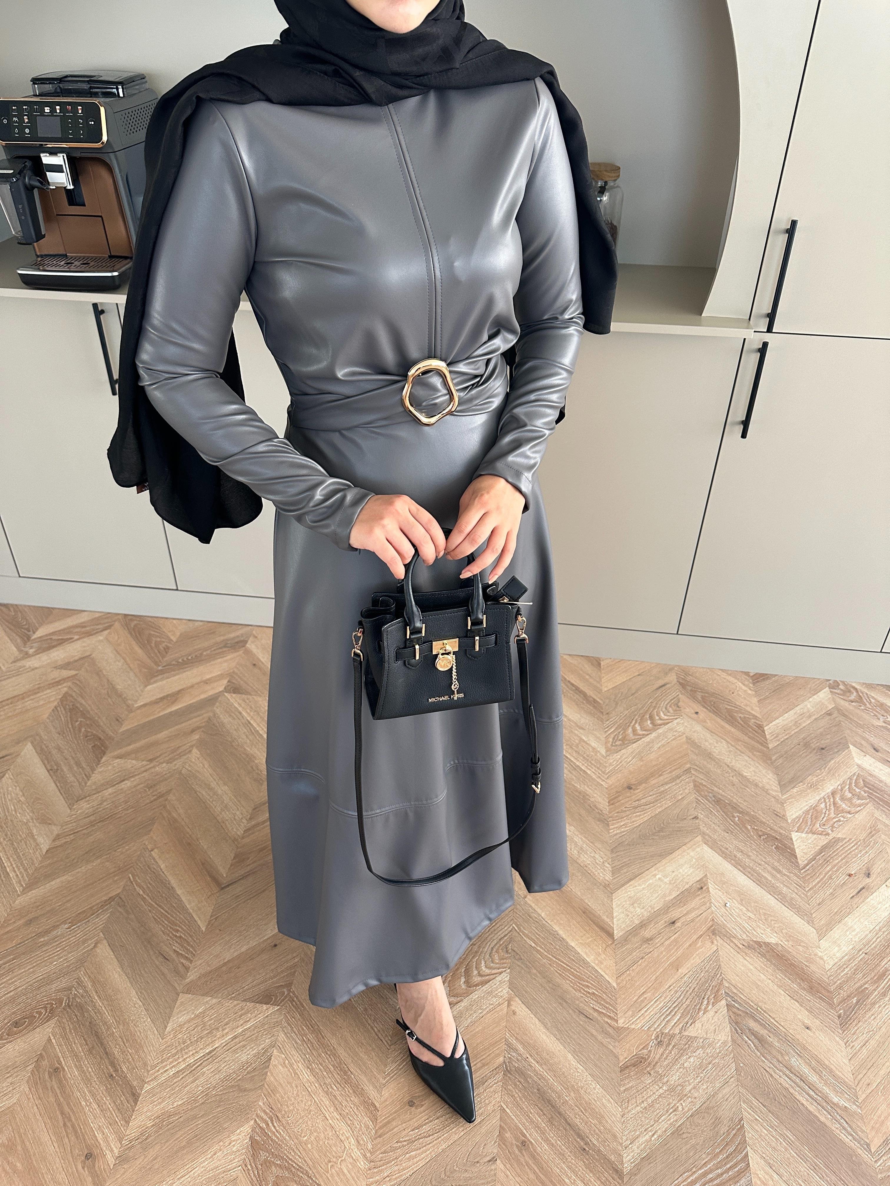 Nesa Deri Elbise Gri