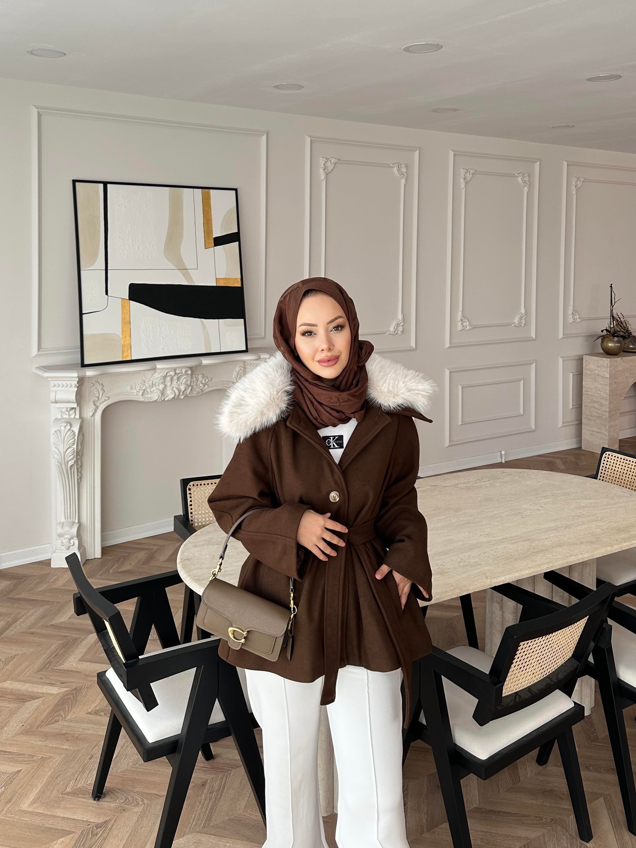 Nisse Kürk Detaylı Kaban Acı Kahve