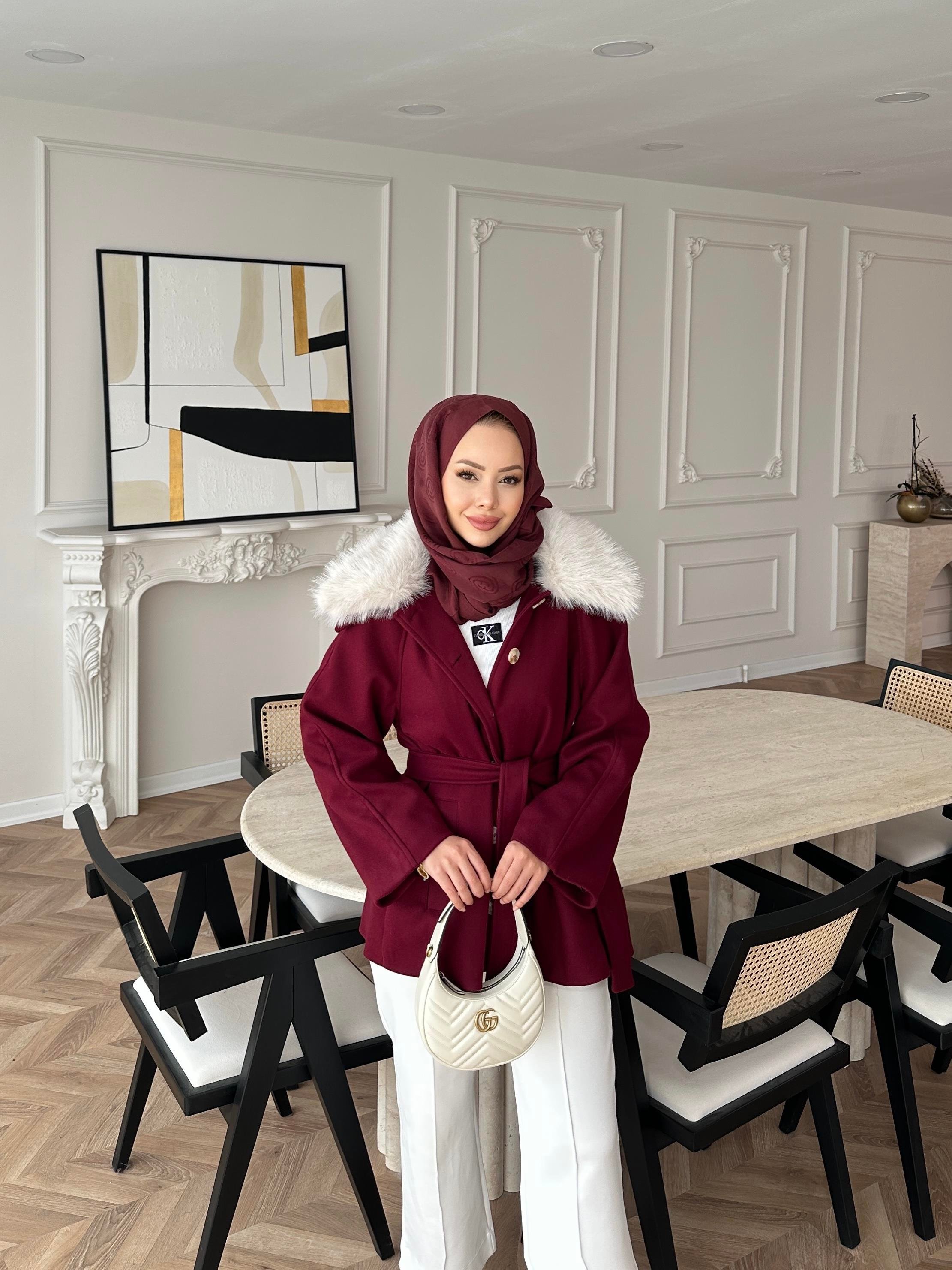 Nisse Kürk Detaylı Kaban Bordo