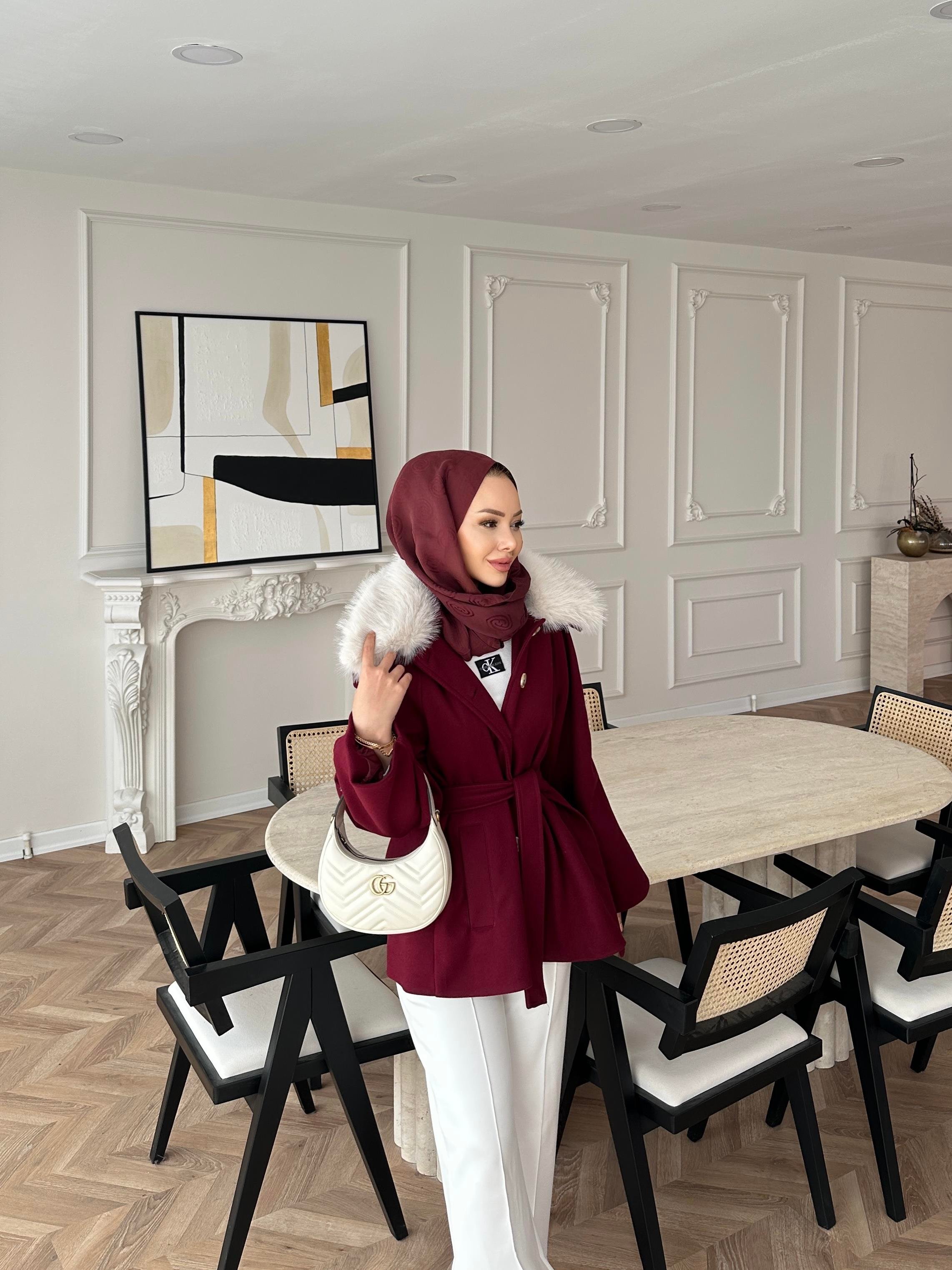 Nisse Kürk Detaylı Kaban Bordo