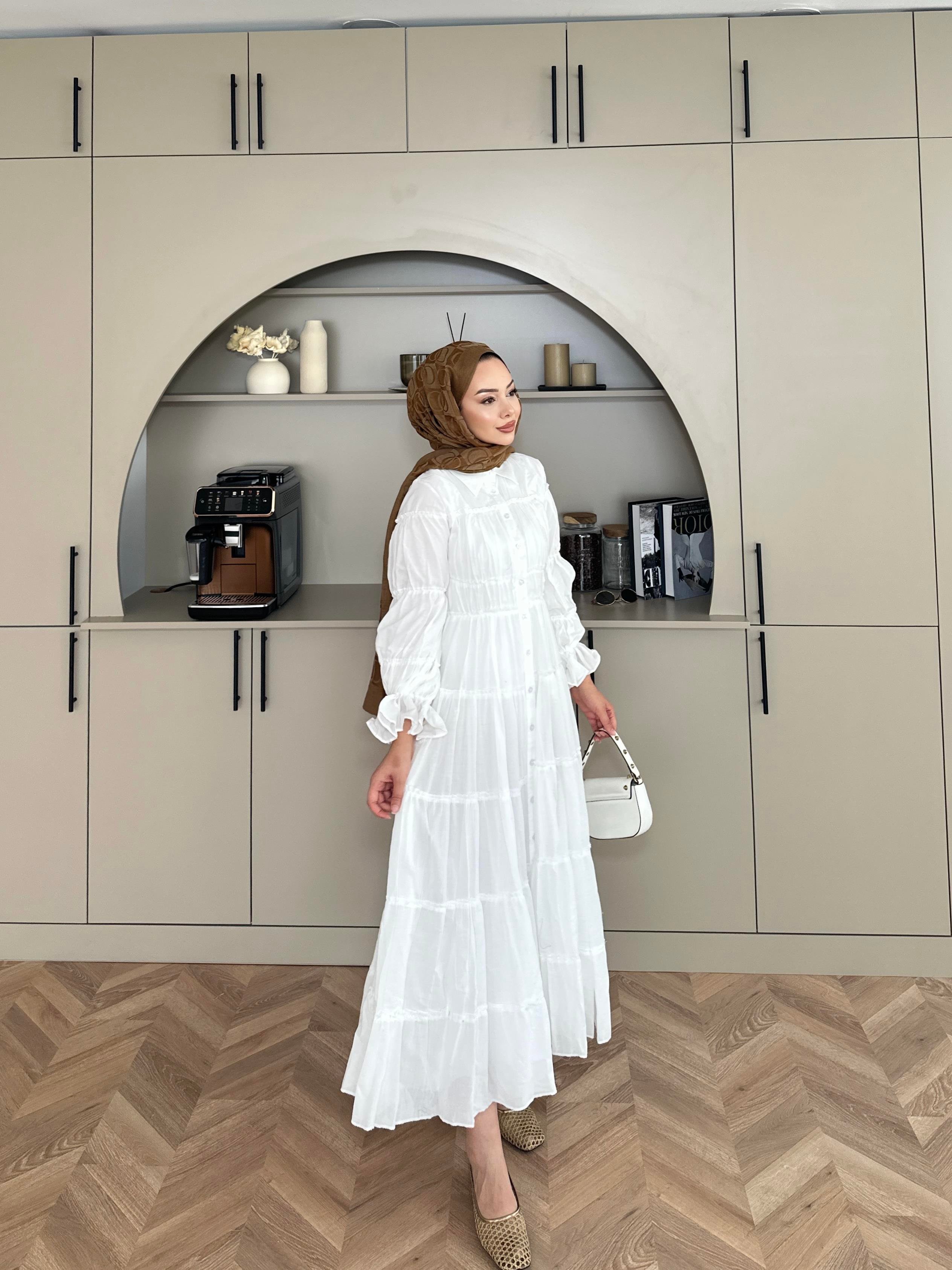 Octavia Büzgülü Elbise Beyaz