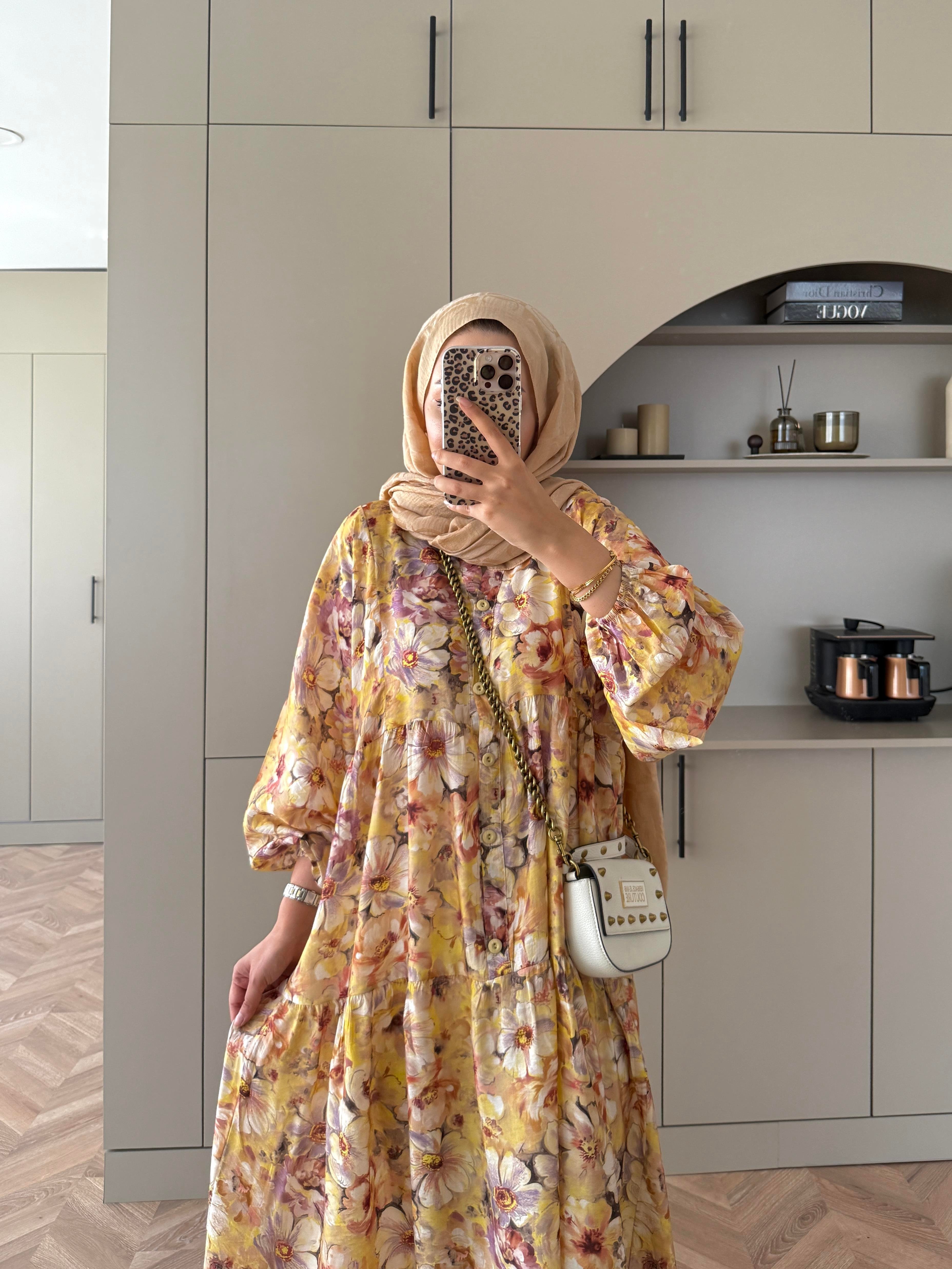 Orkide Pamuk Vual Elbise Sarı