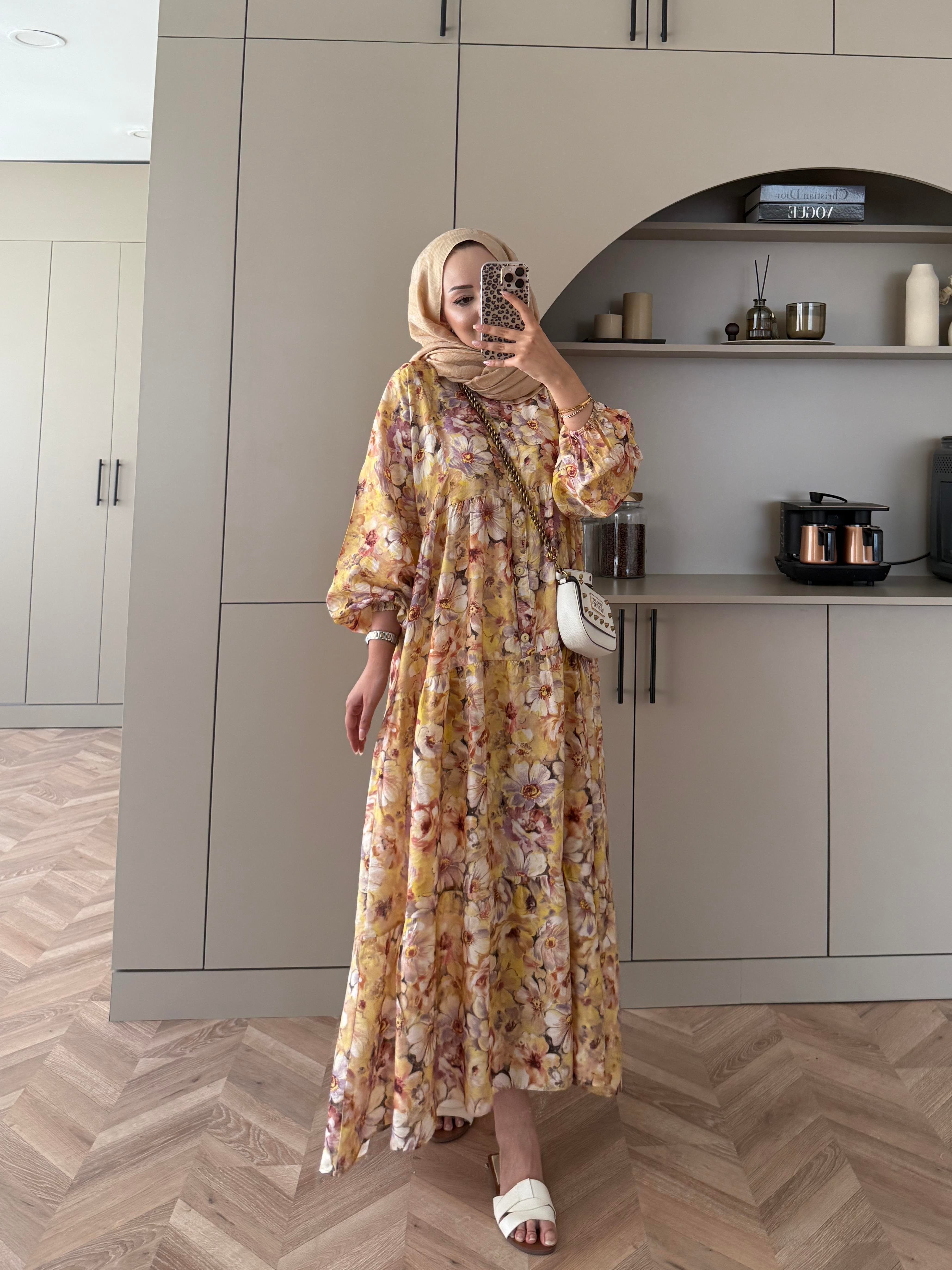 Orkide Pamuk Vual Elbise Sarı