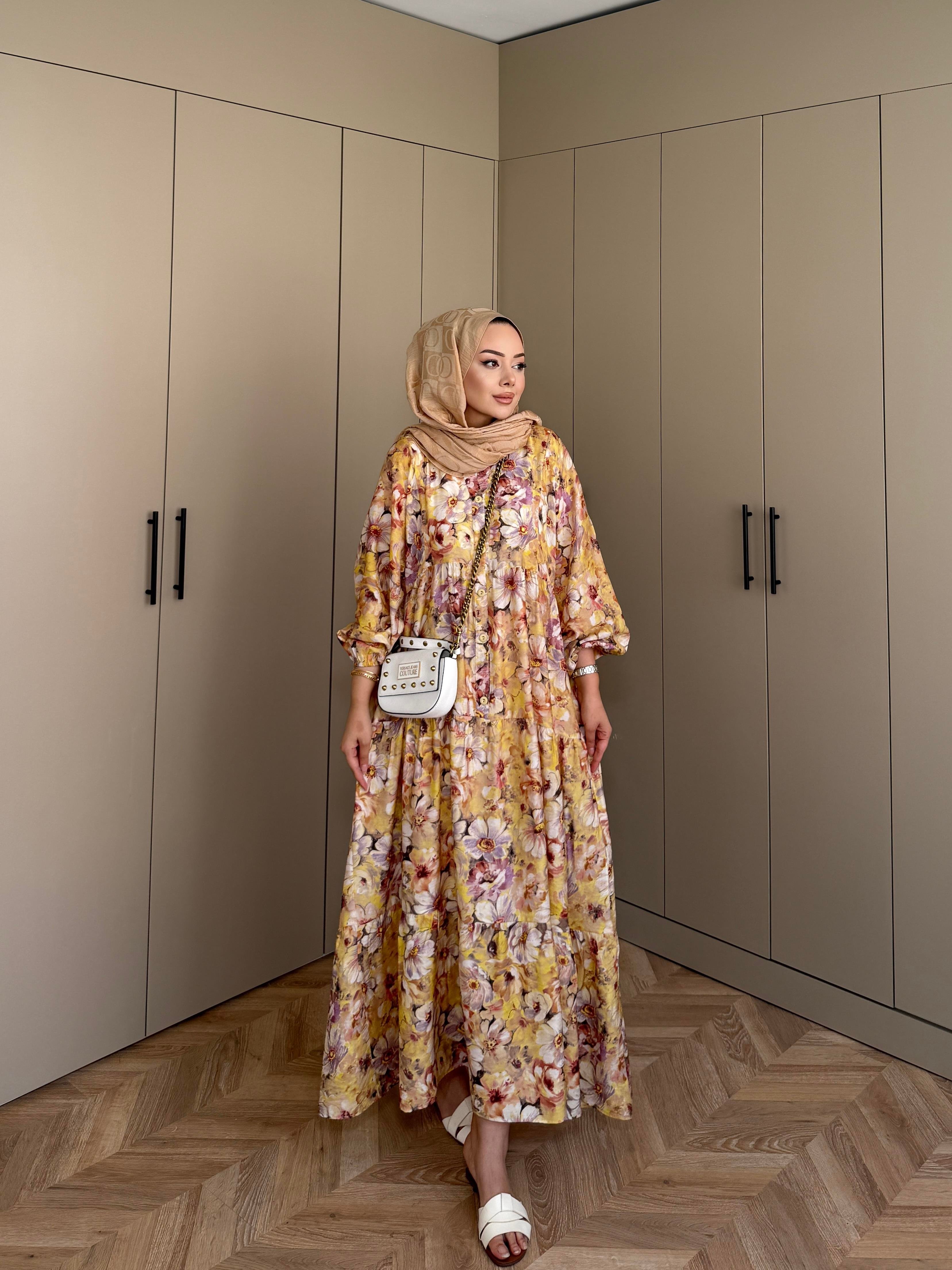 Orkide Pamuk Vual Elbise Sarı