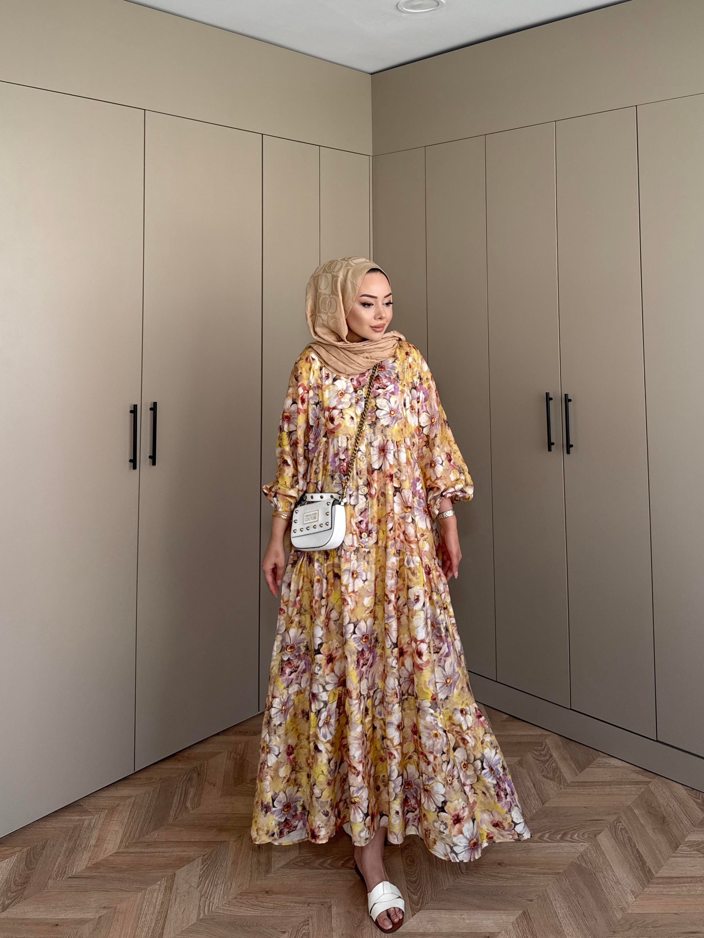 Orkide Pamuk Vual Elbise Sarı