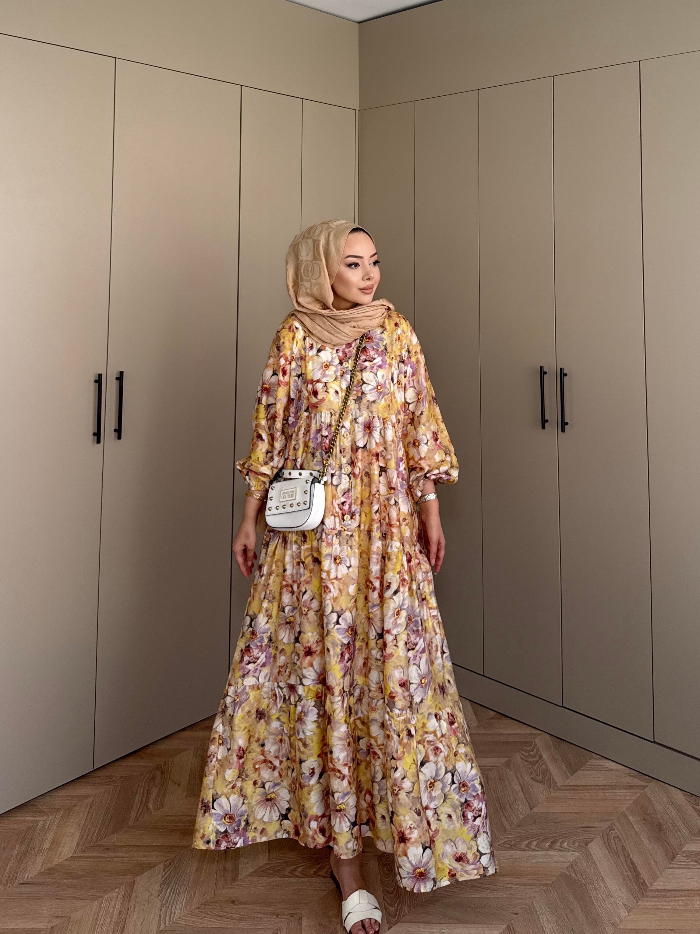 Orkide Pamuk Vual Elbise Sarı