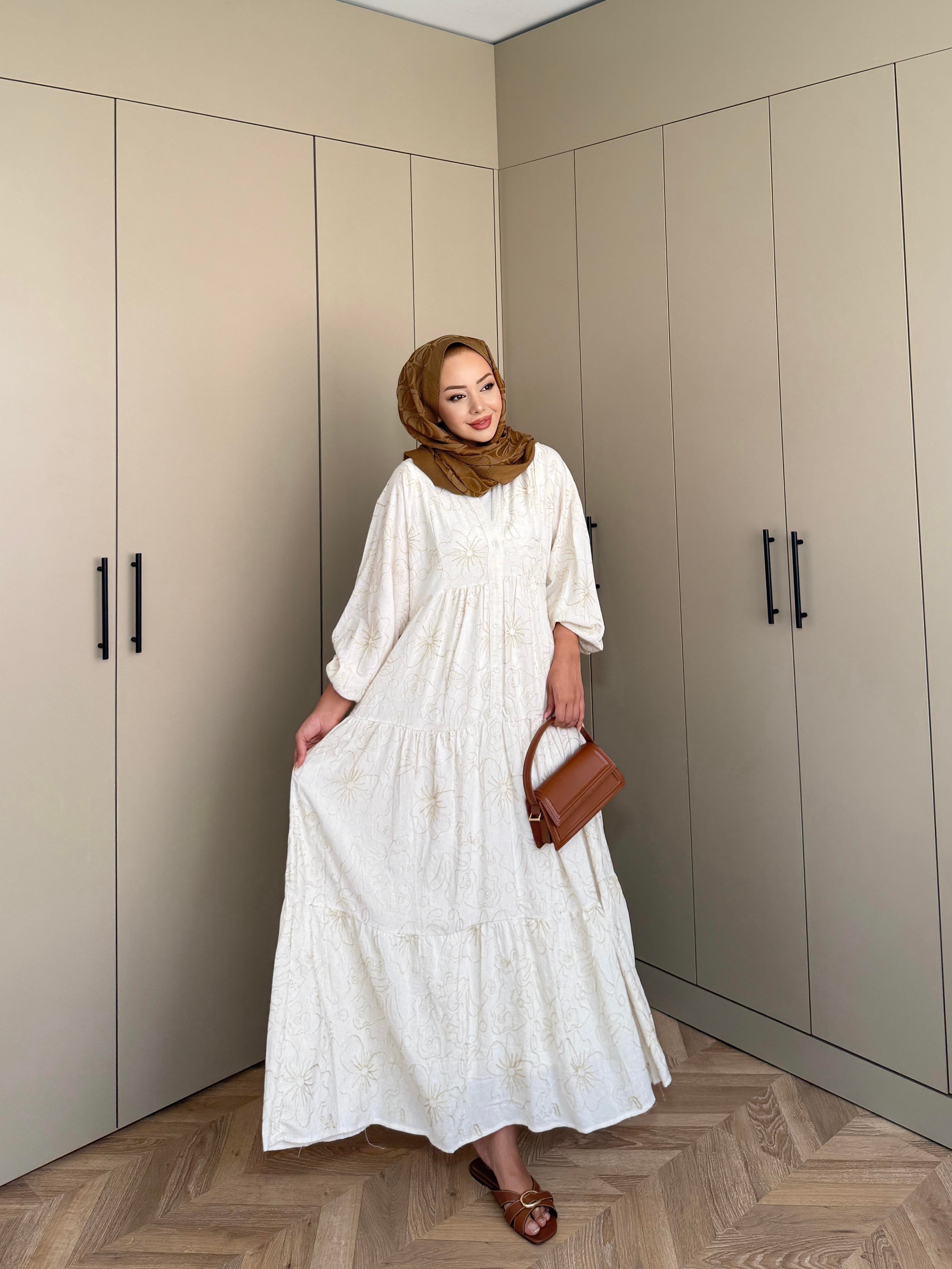 Papatya Viskon Elbise Ekru