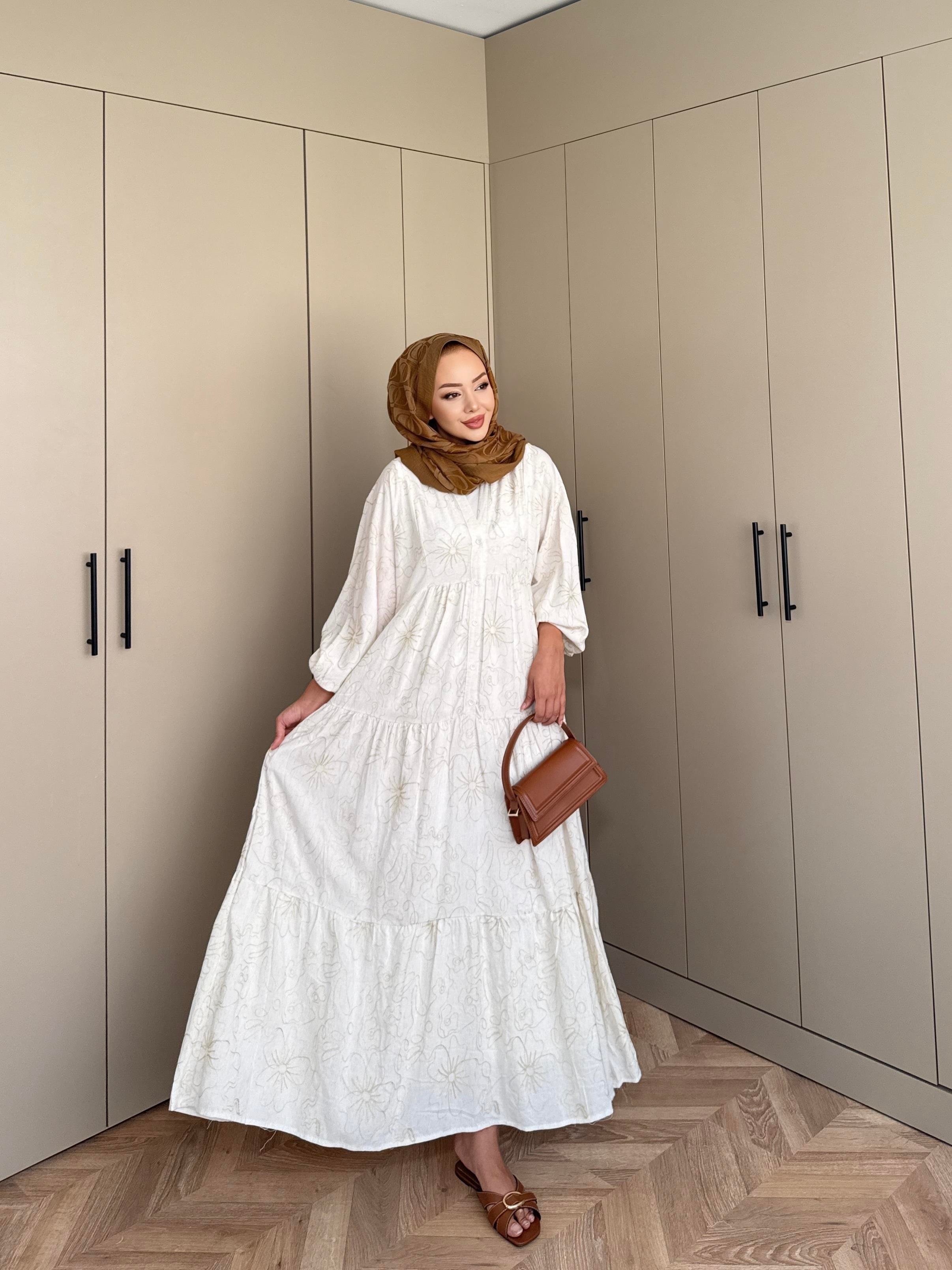 Papatya Viskon Elbise Ekru