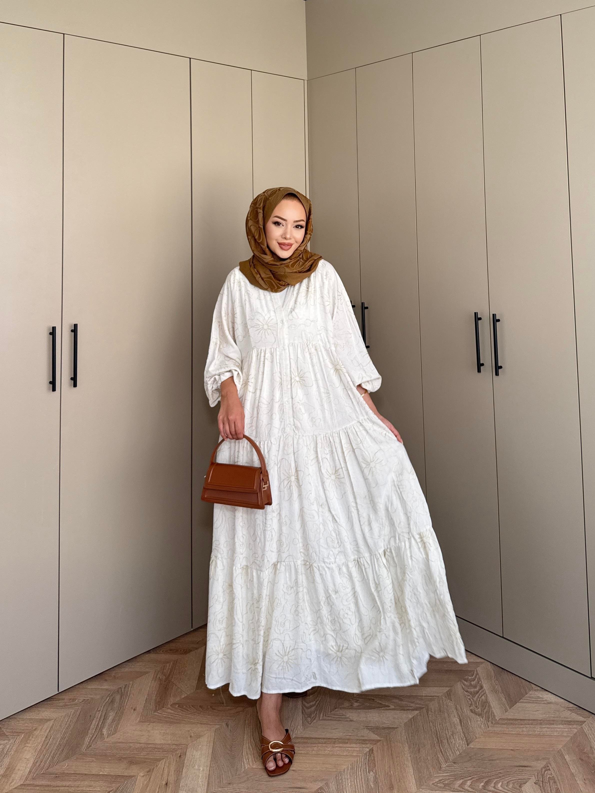 Papatya Viskon Elbise Ekru