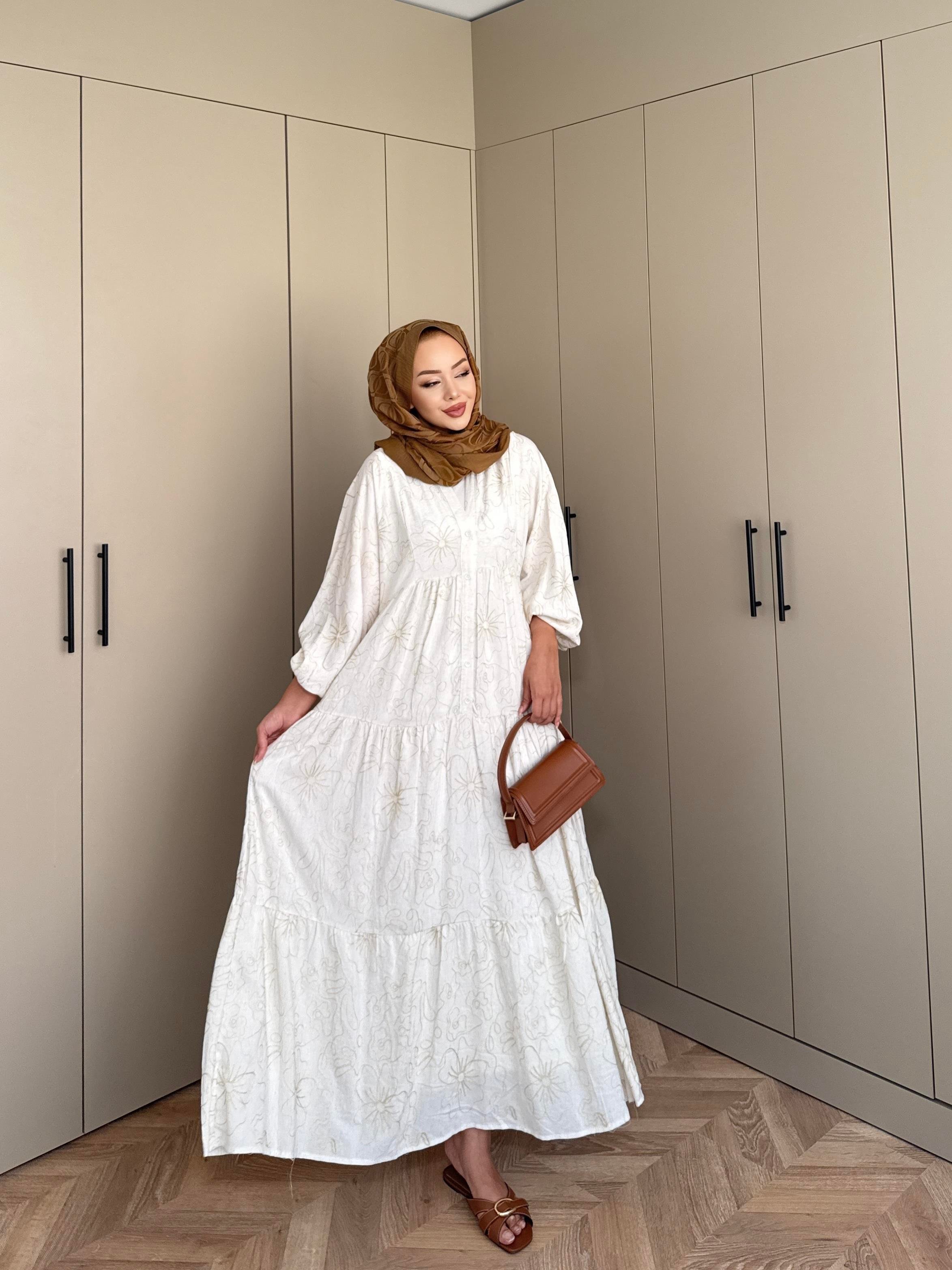 Papatya Viskon Elbise Ekru