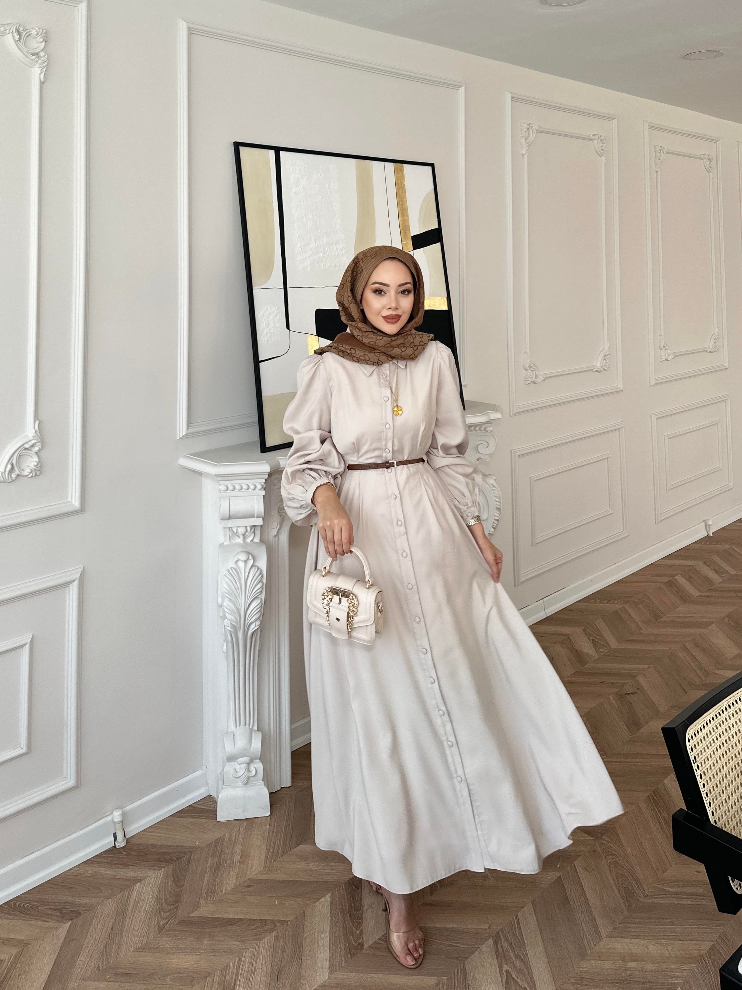 Perla Tensel Elbise Bej