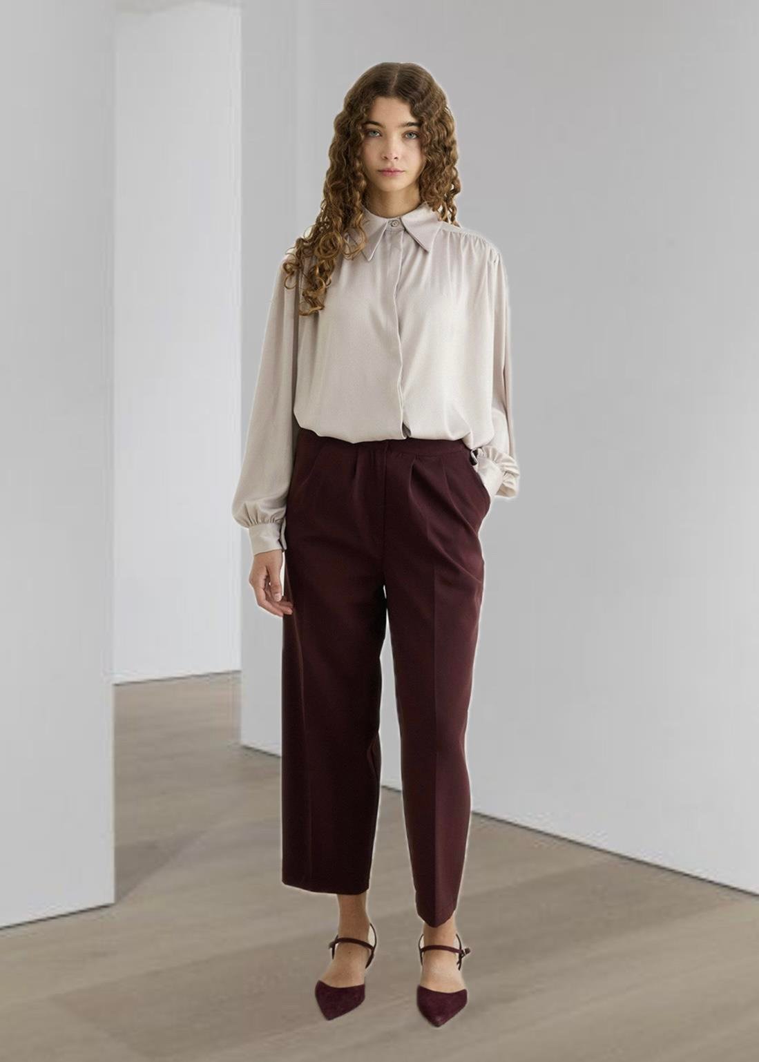 Pileli Pantolon Bordo