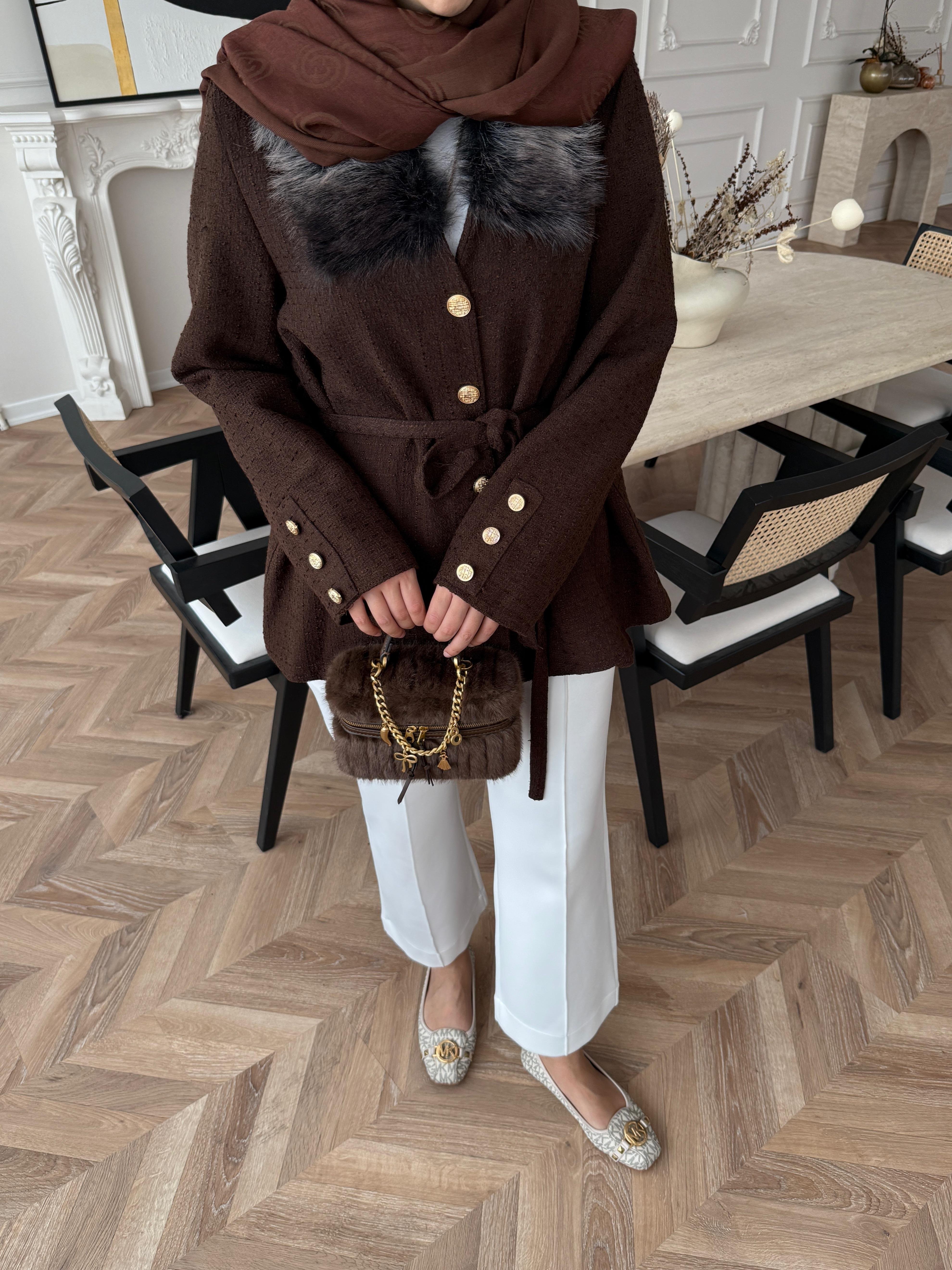 Quva Kürk Detaylı Hırka/Ceket Acı Kahve