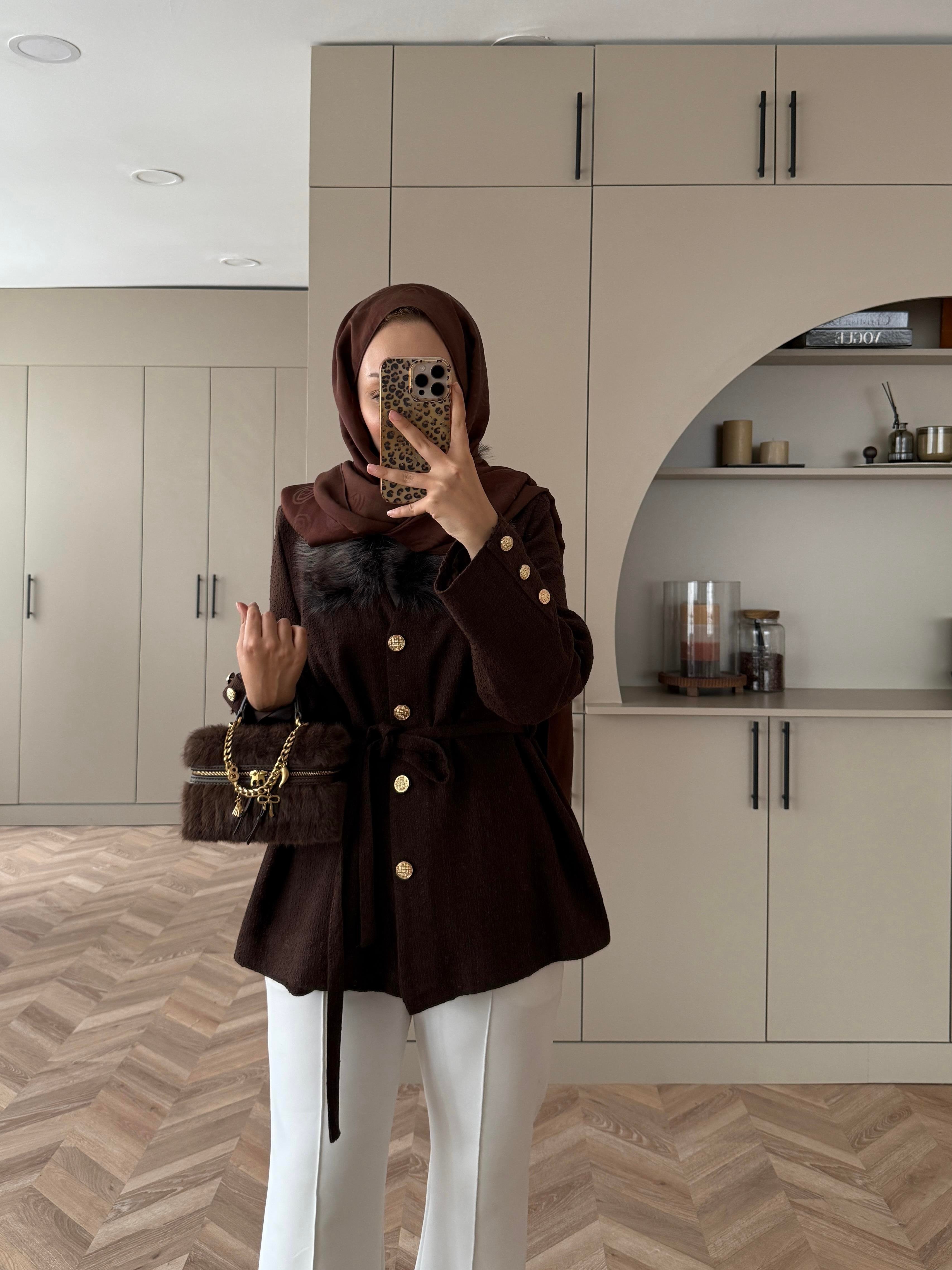 Quva Kürk Detaylı Hırka/Ceket Acı Kahve