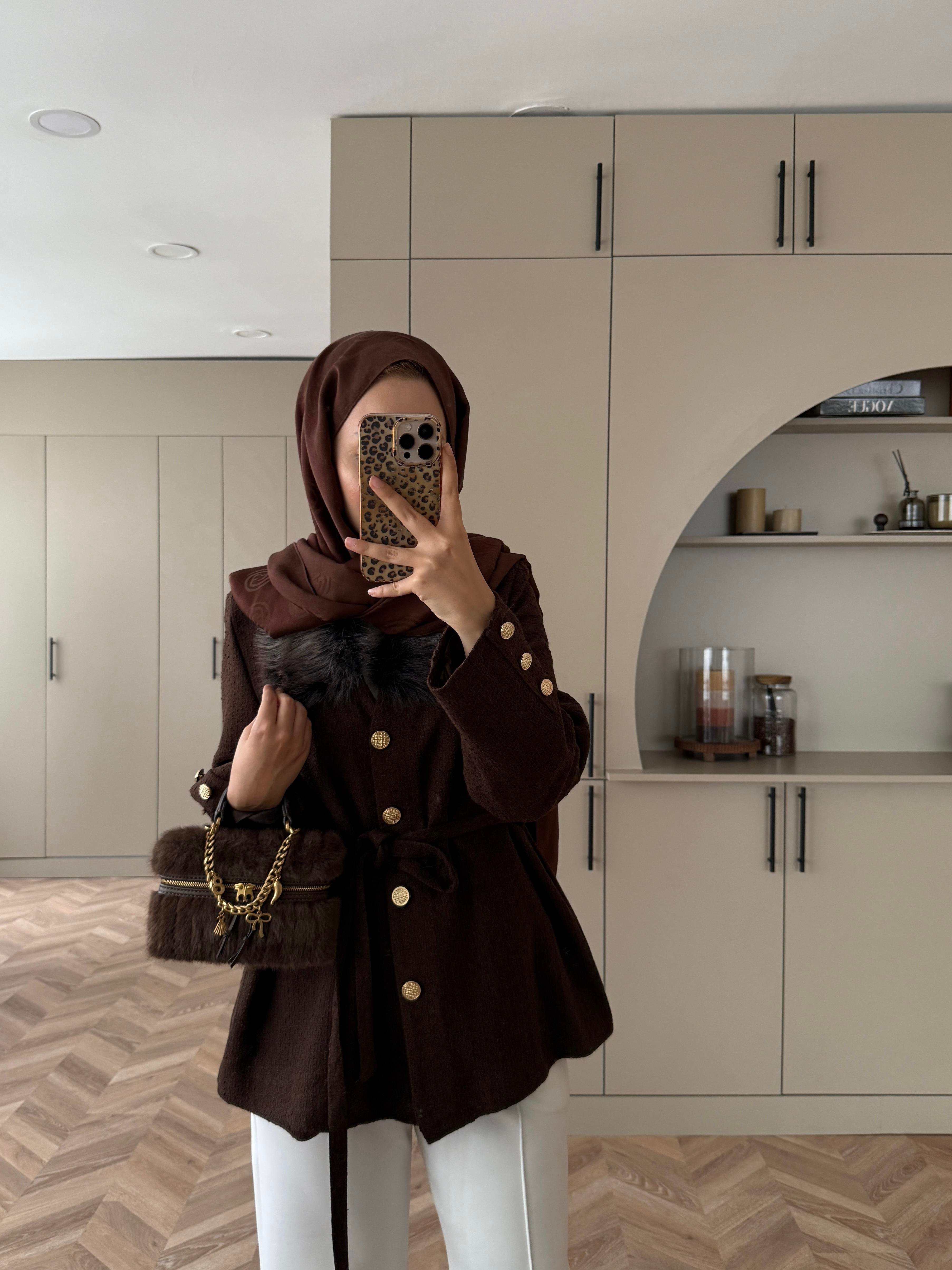 Quva Kürk Detaylı Hırka/Ceket Acı Kahve