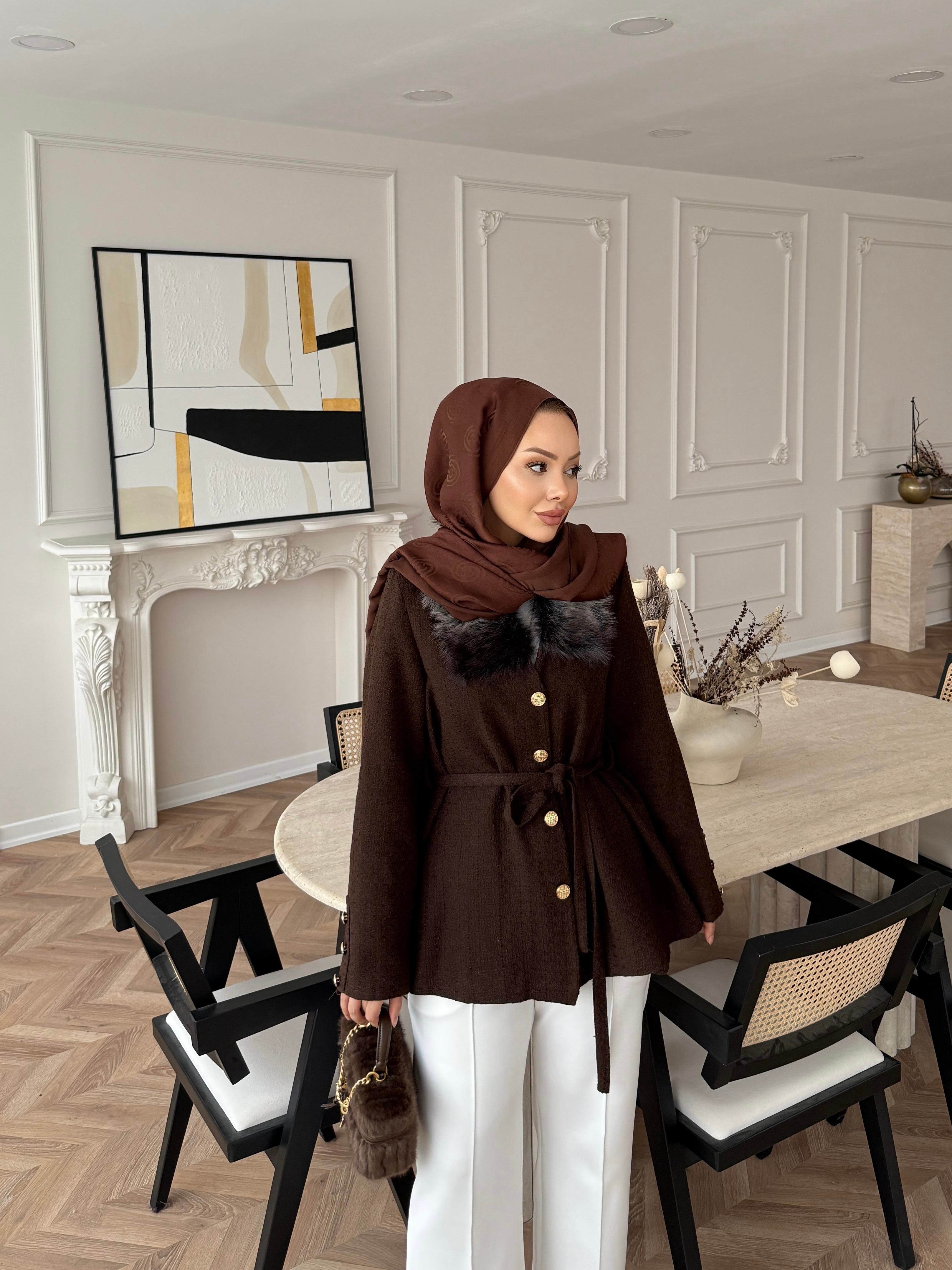 Quva Kürk Detaylı Hırka/Ceket Acı Kahve