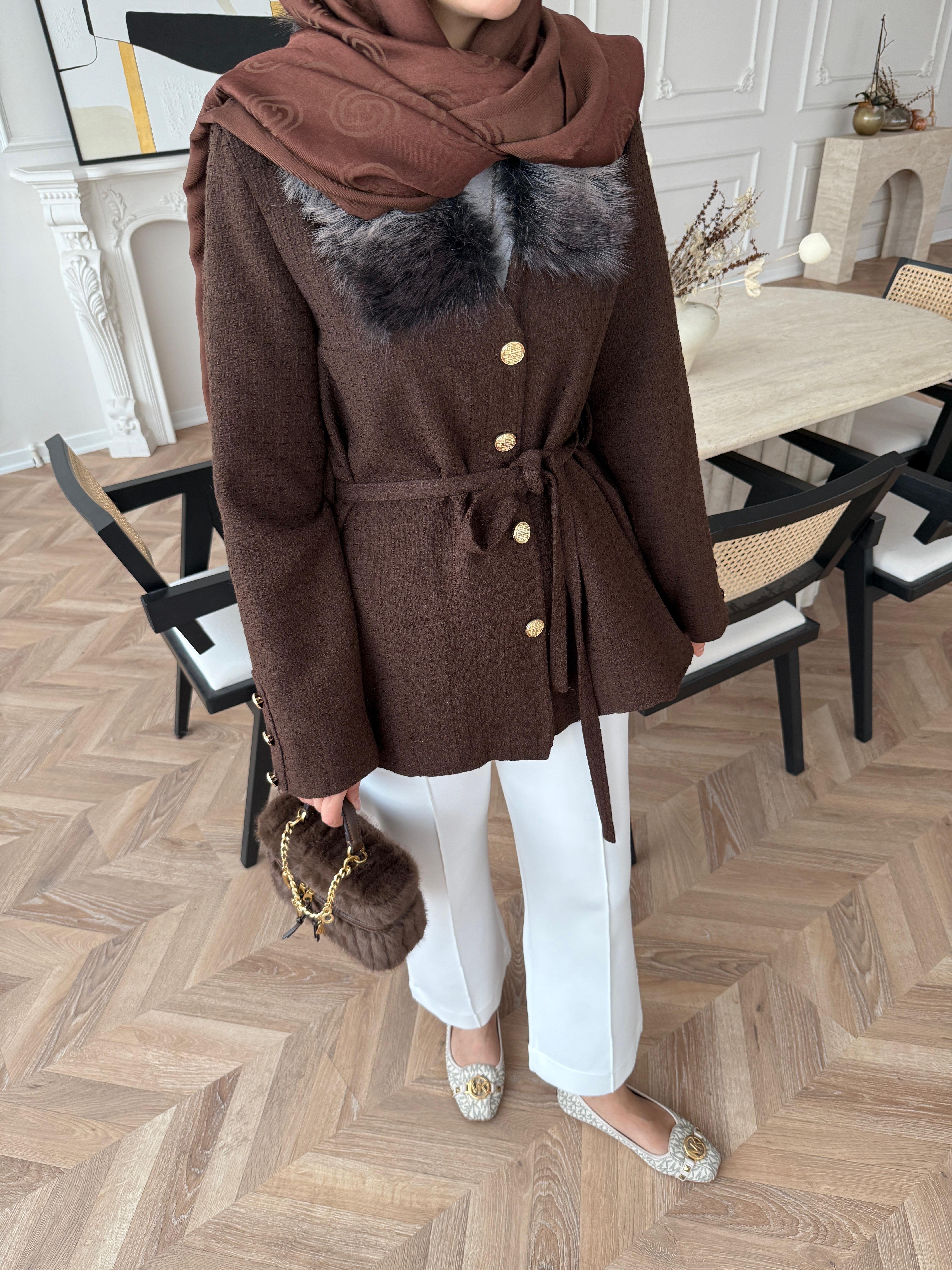 Quva Kürk Detaylı Hırka/Ceket Acı Kahve