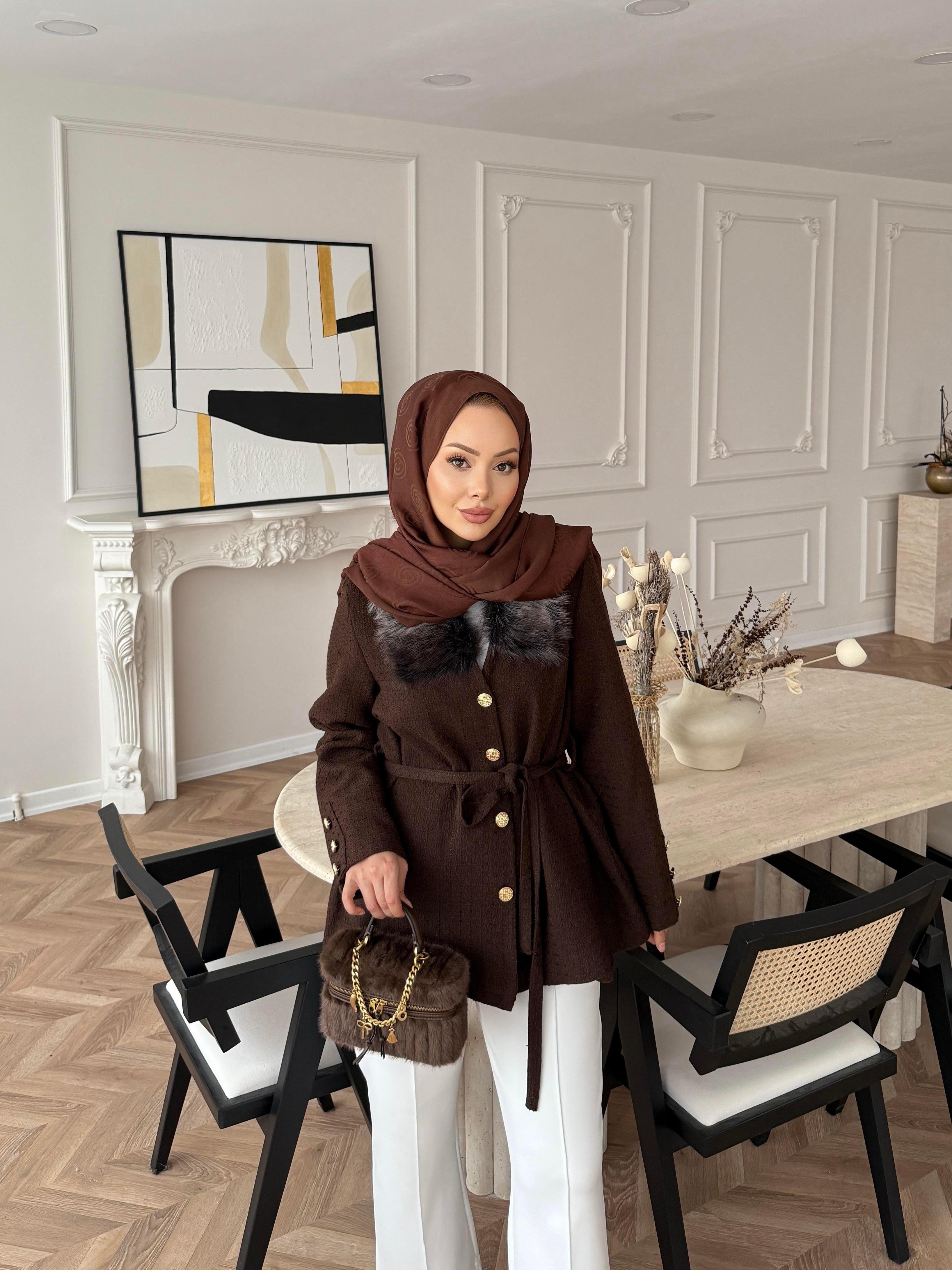 Quva Kürk Detaylı Hırka/Ceket Acı Kahve