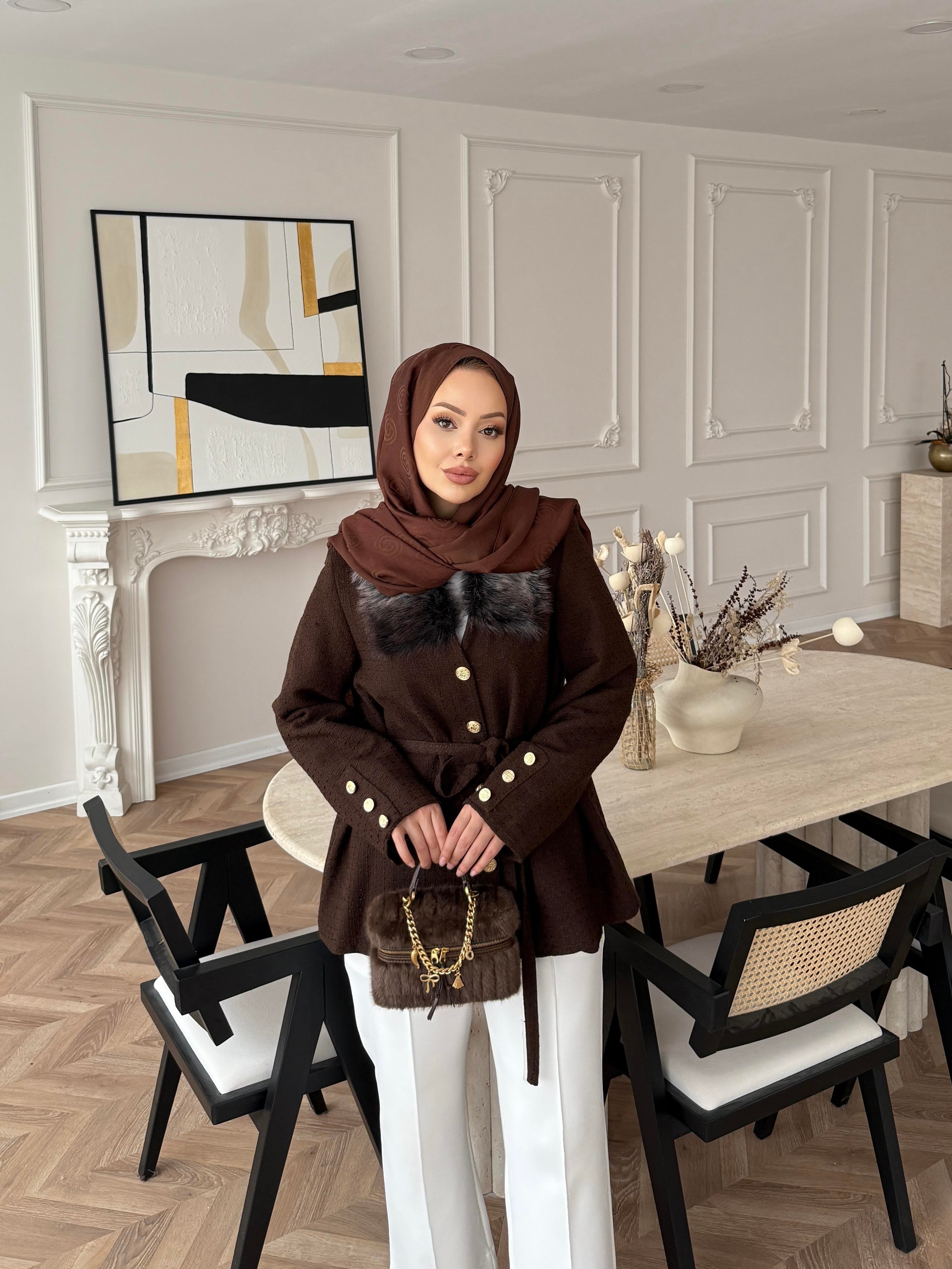 Quva Kürk Detaylı Hırka/Ceket Acı Kahve