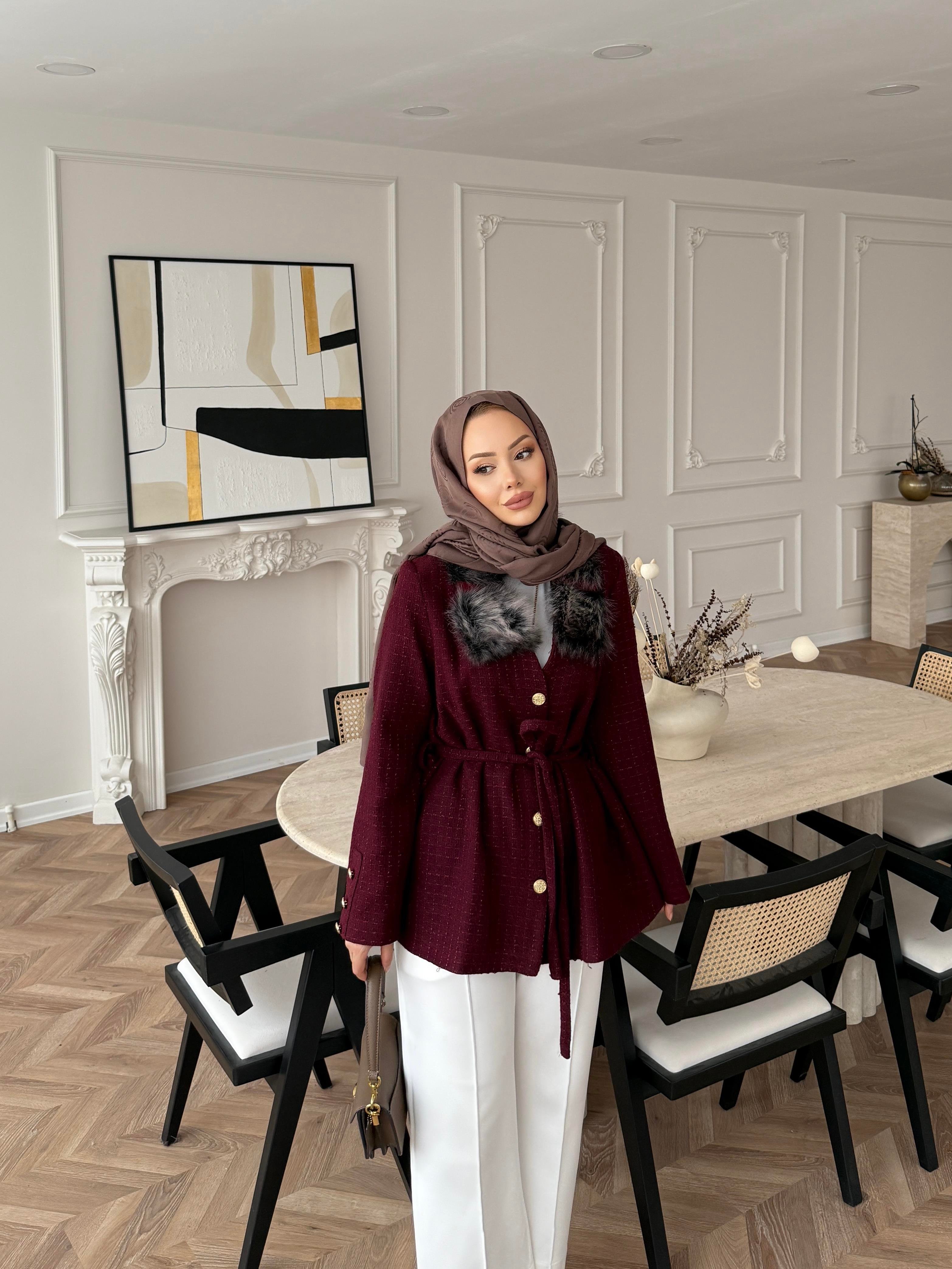 Quva Kürk Detaylı Hırka/Ceket Bordo