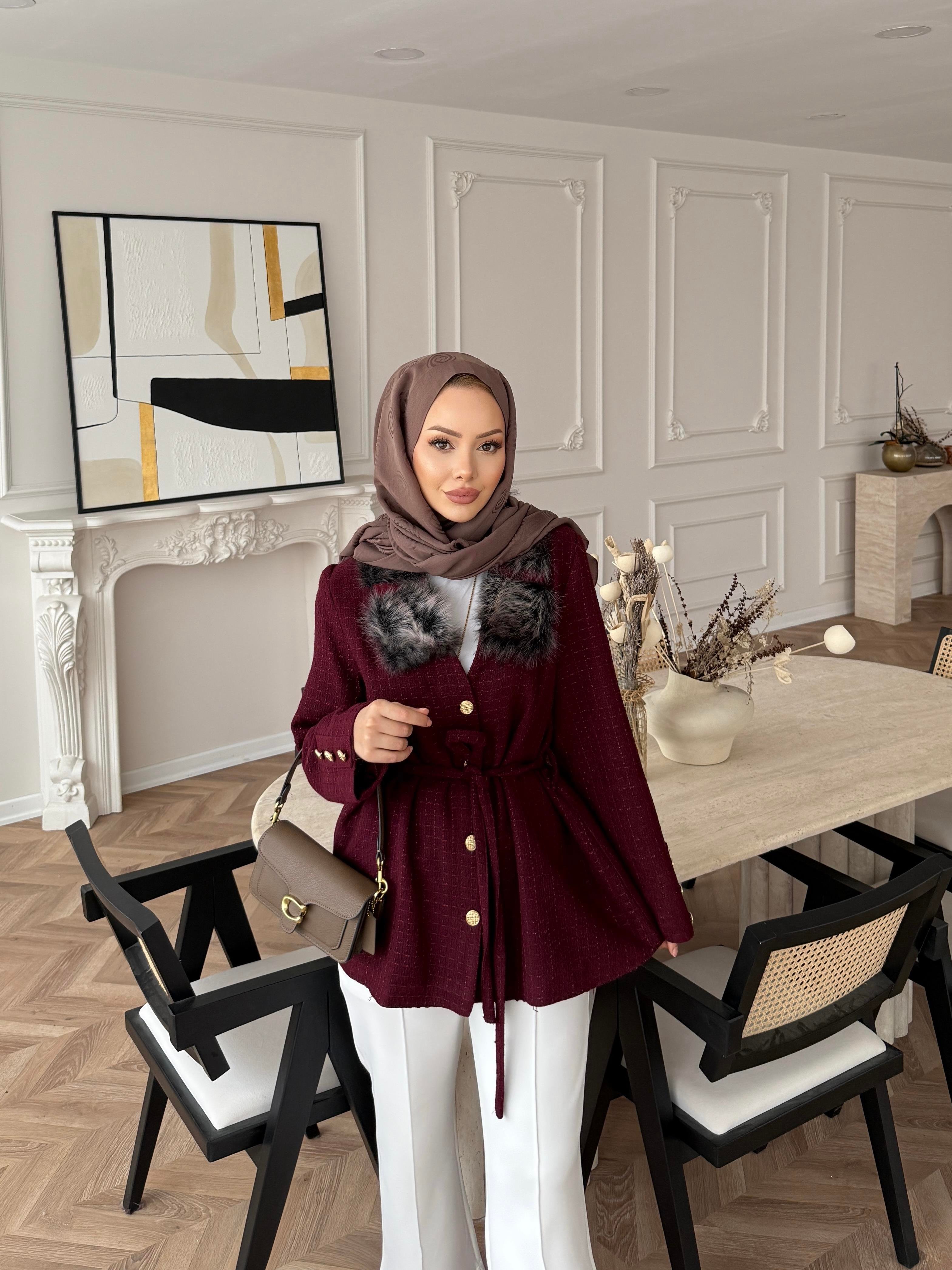 Quva Kürk Detaylı Hırka/Ceket Bordo