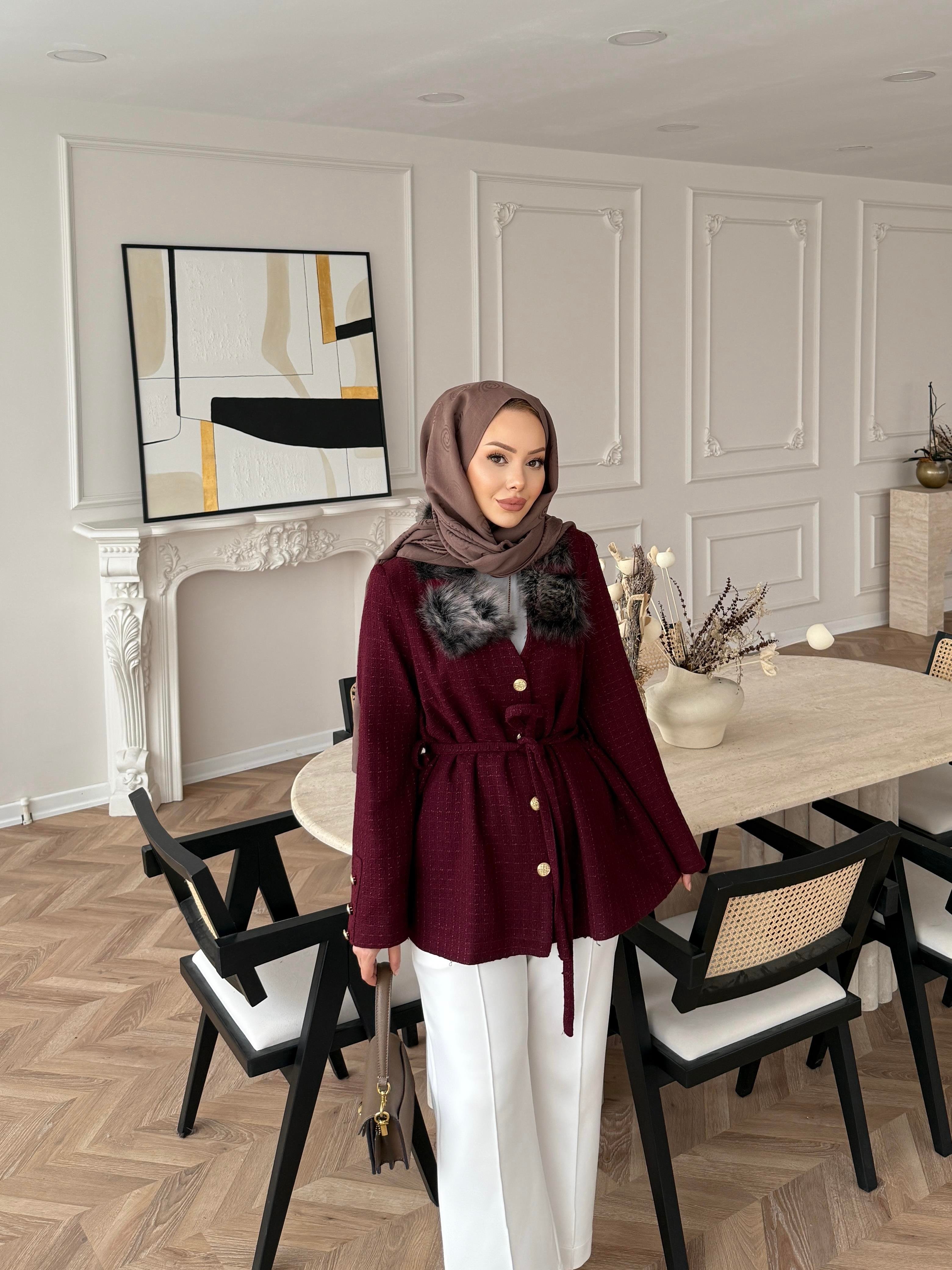 Quva Kürk Detaylı Hırka/Ceket Bordo