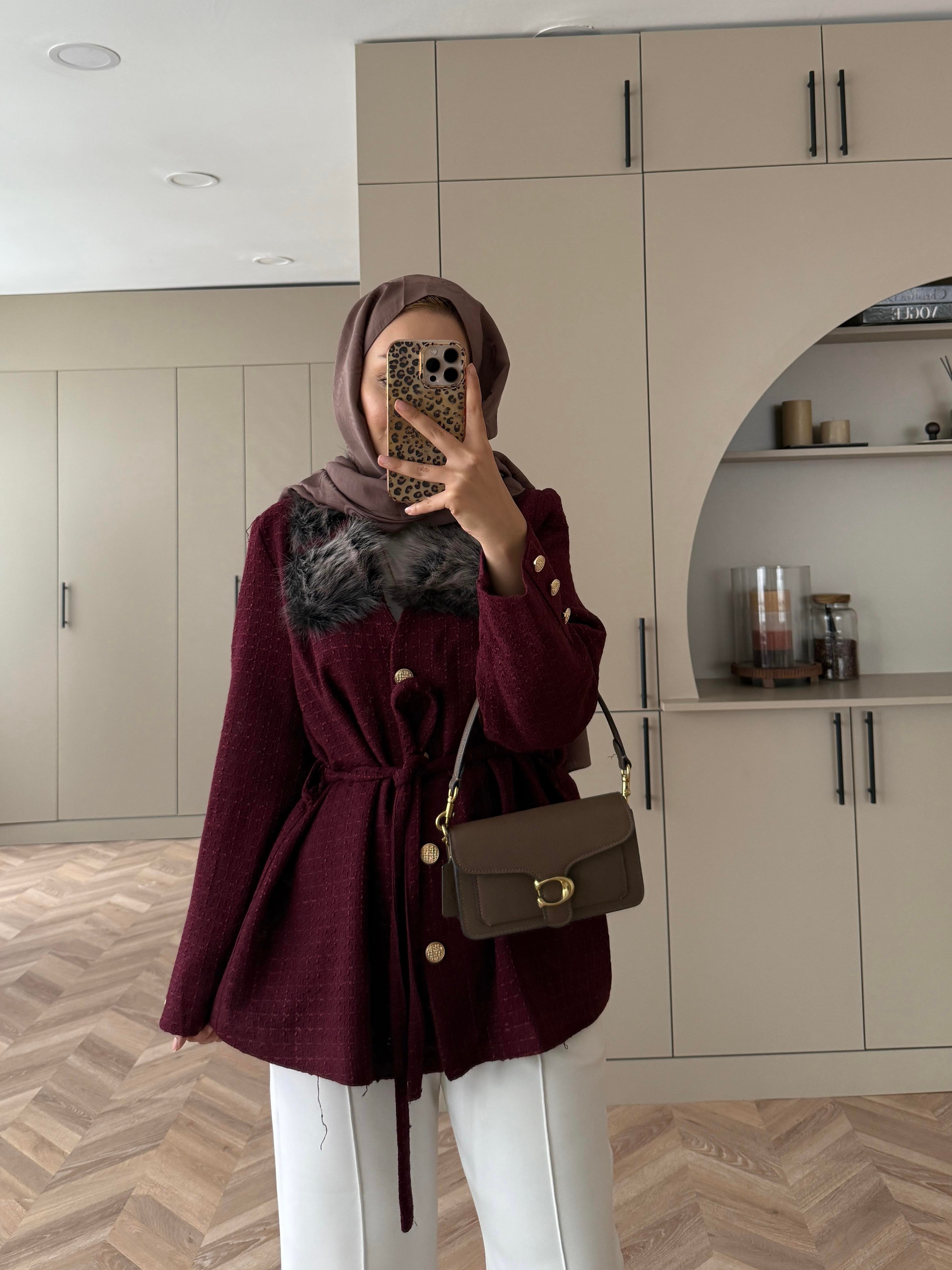 Quva Kürk Detaylı Hırka/Ceket Bordo