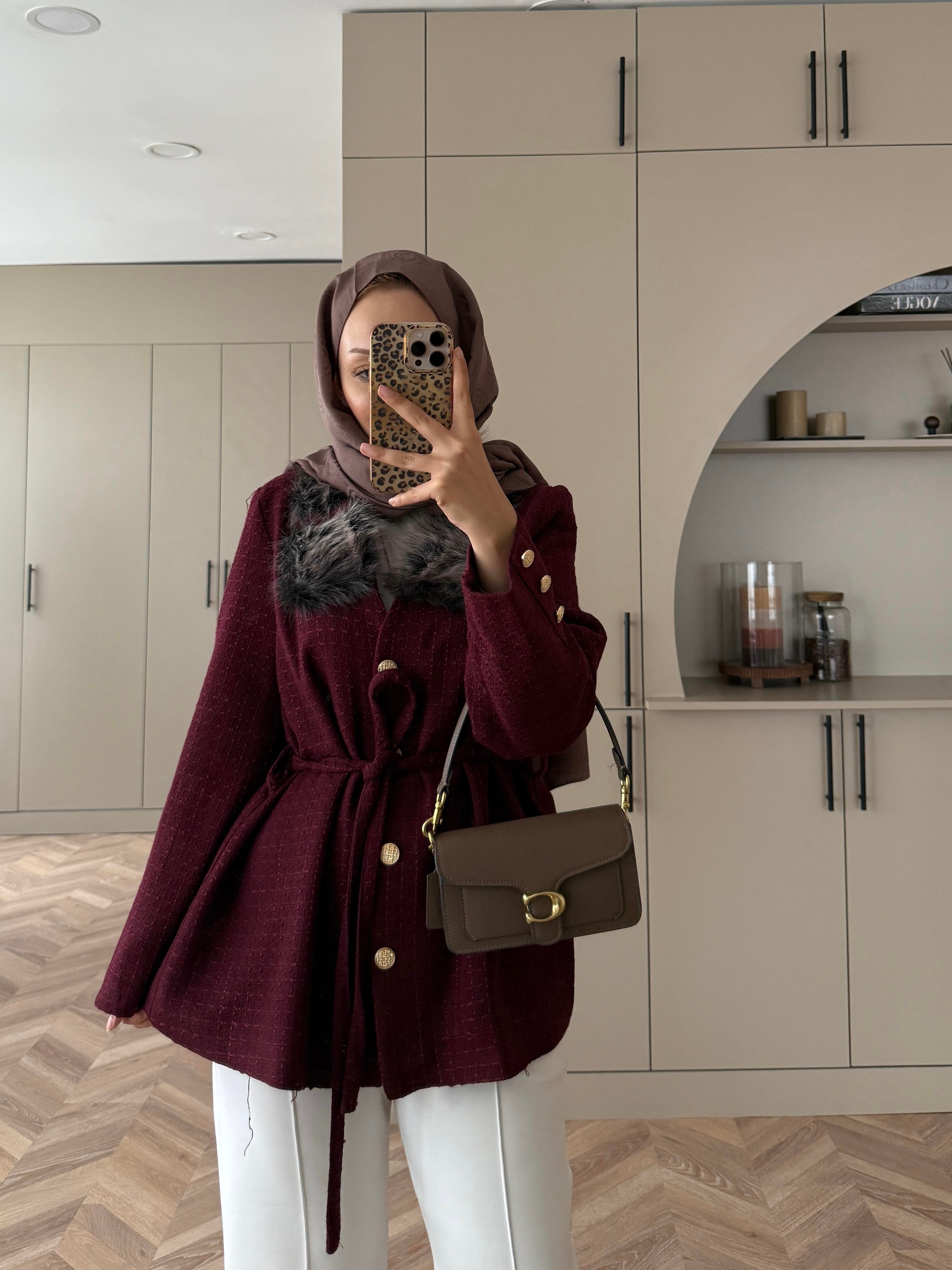 Quva Kürk Detaylı Hırka/Ceket Bordo