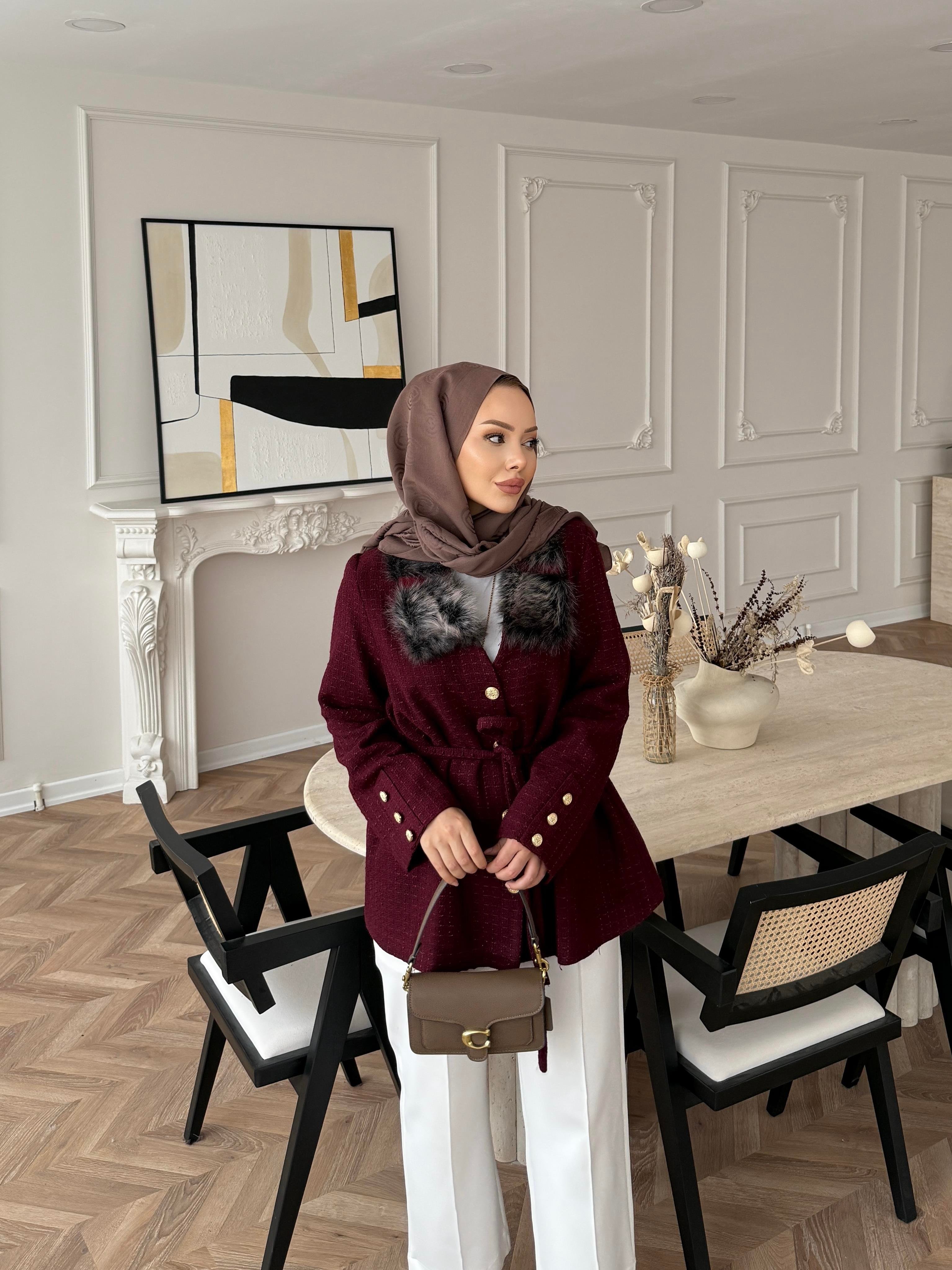 Quva Kürk Detaylı Hırka/Ceket Bordo