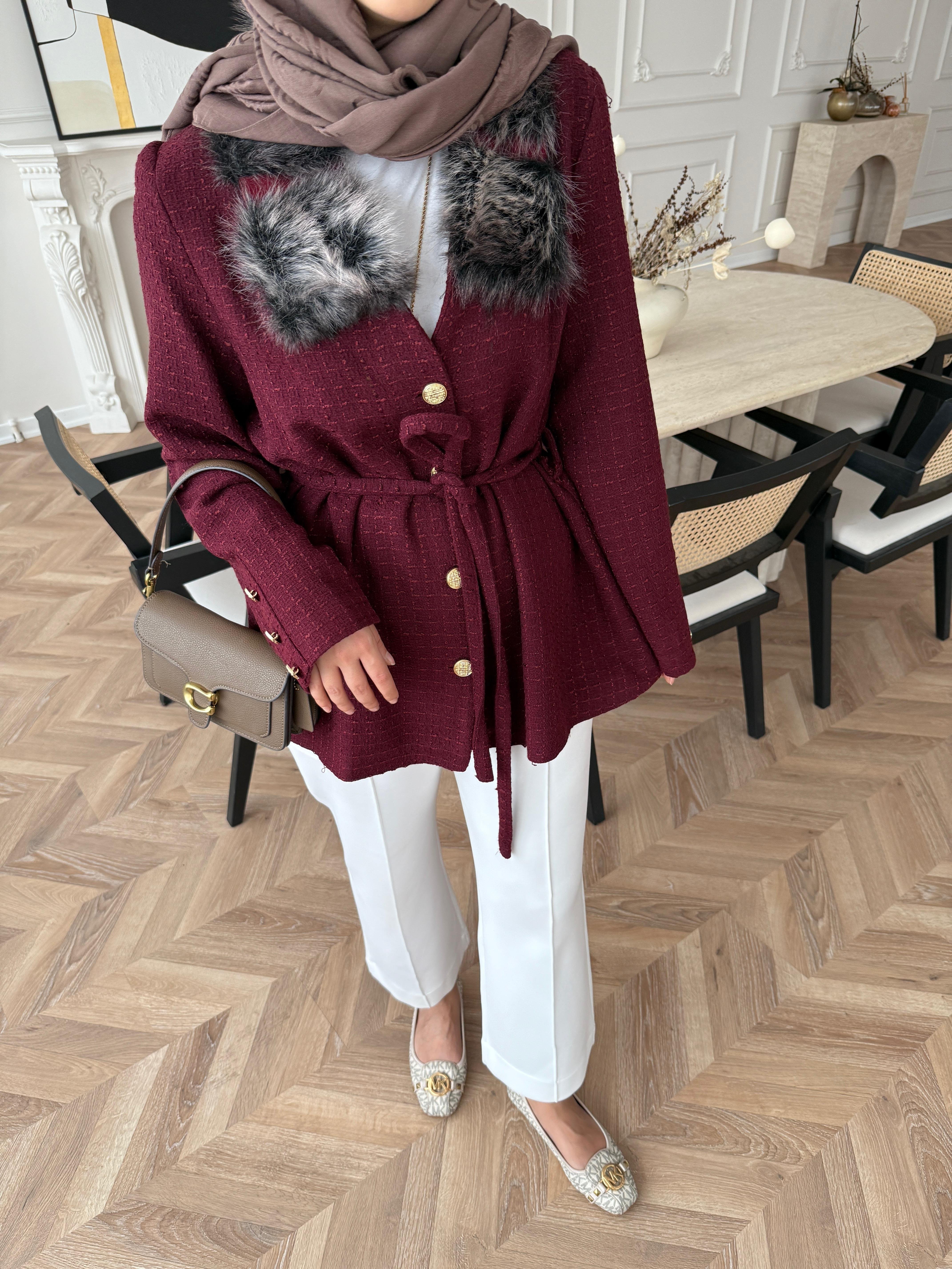 Quva Kürk Detaylı Hırka/Ceket Bordo