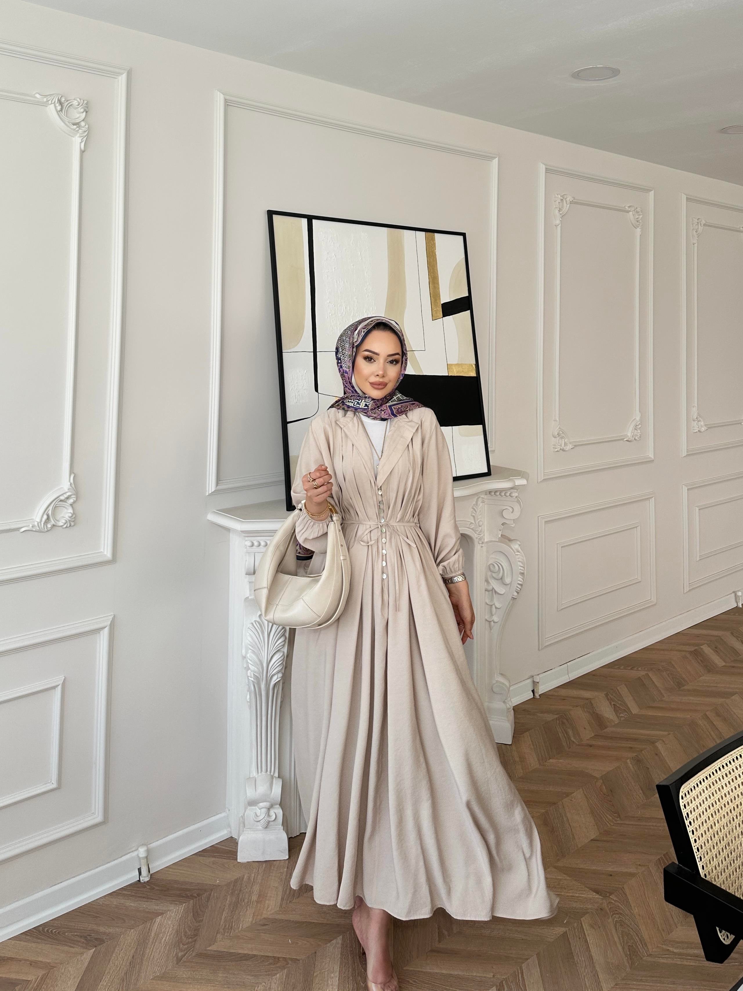 Retro Nervürlü Elbise Bej