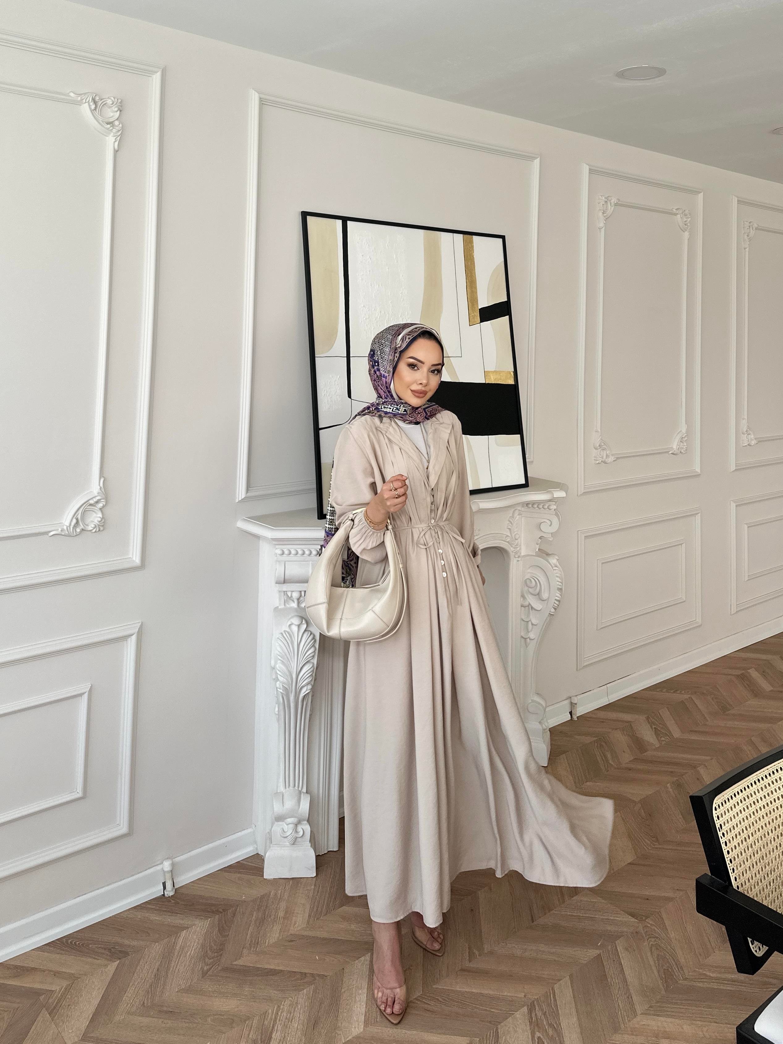 Retro Nervürlü Elbise Bej