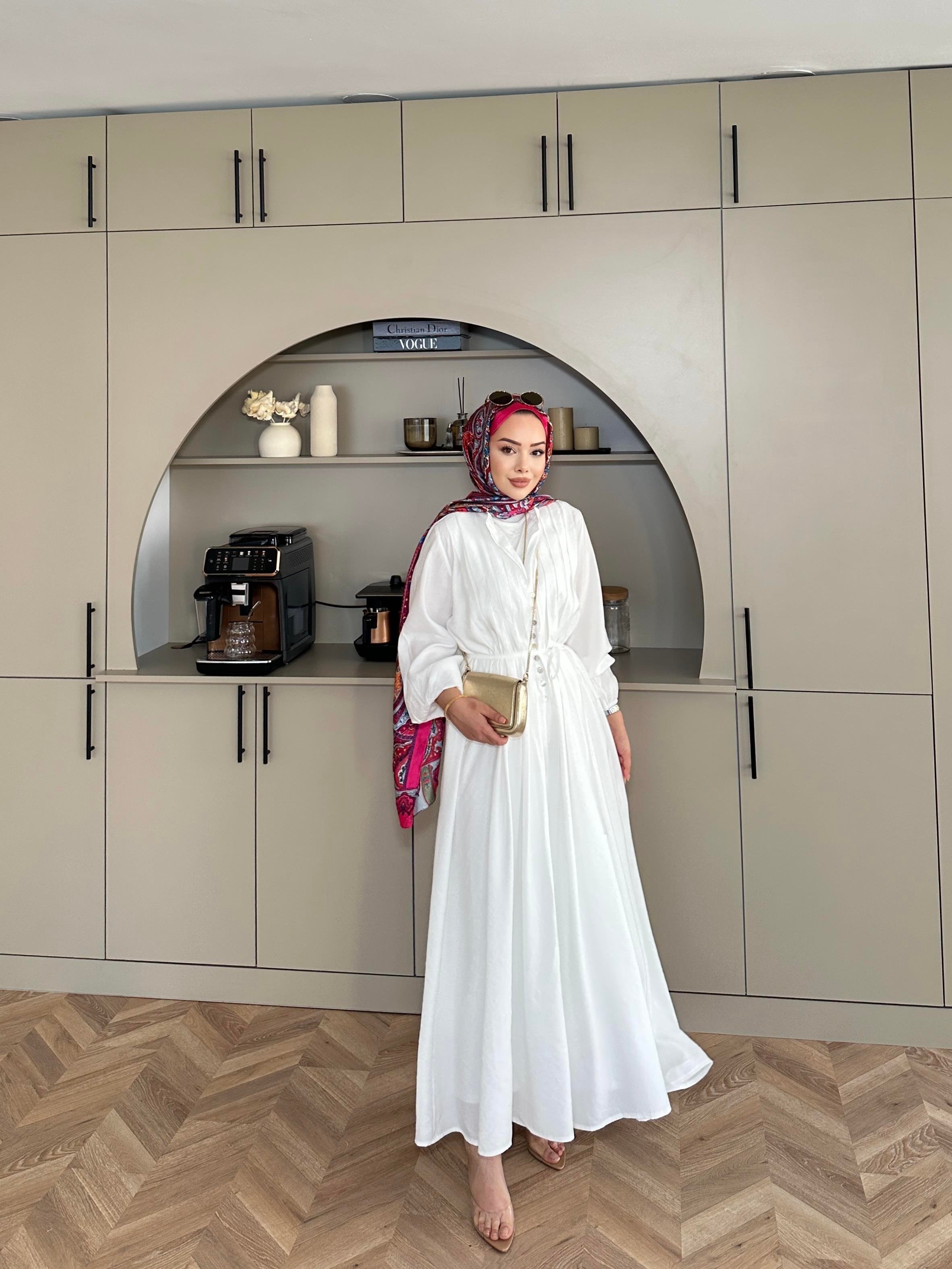 Retro Nervürlü Elbise Ekru