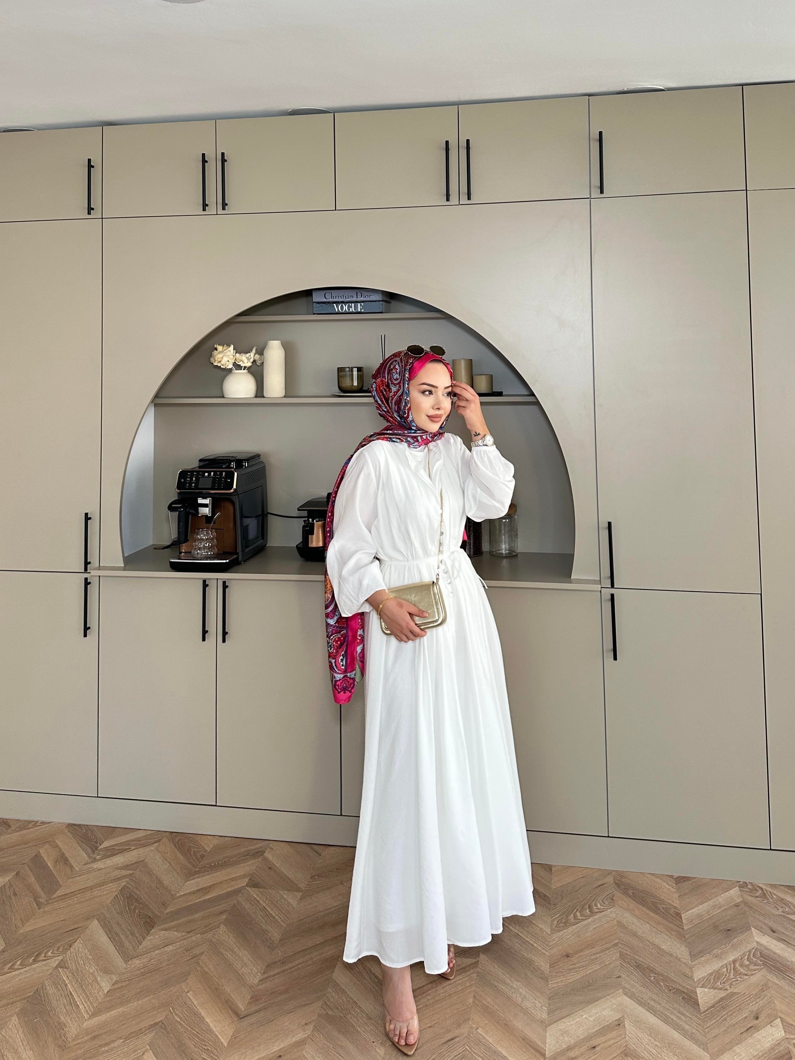 Retro Nervürlü Elbise Ekru