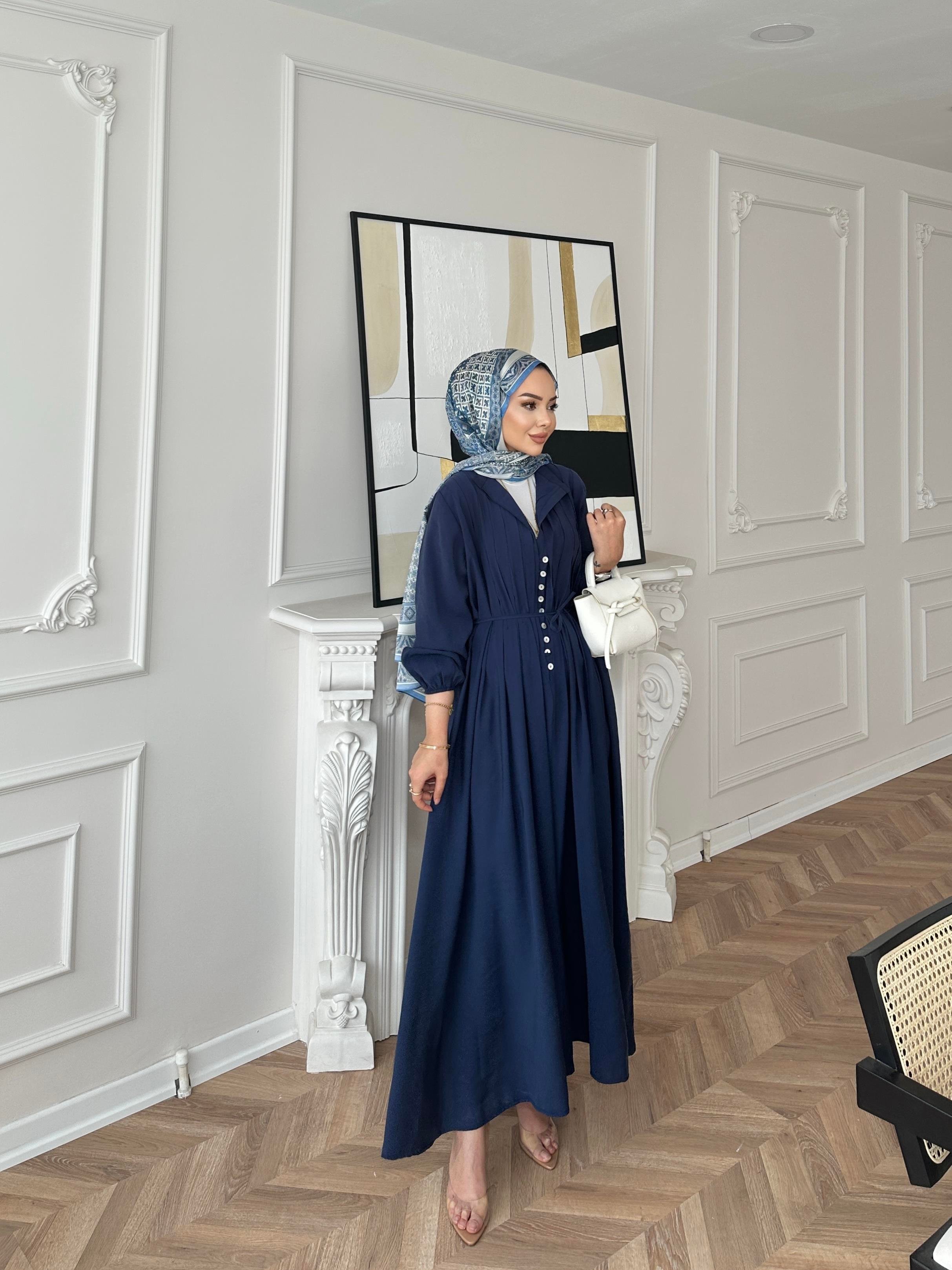 Retro Nervürlü Elbise Lacivert 