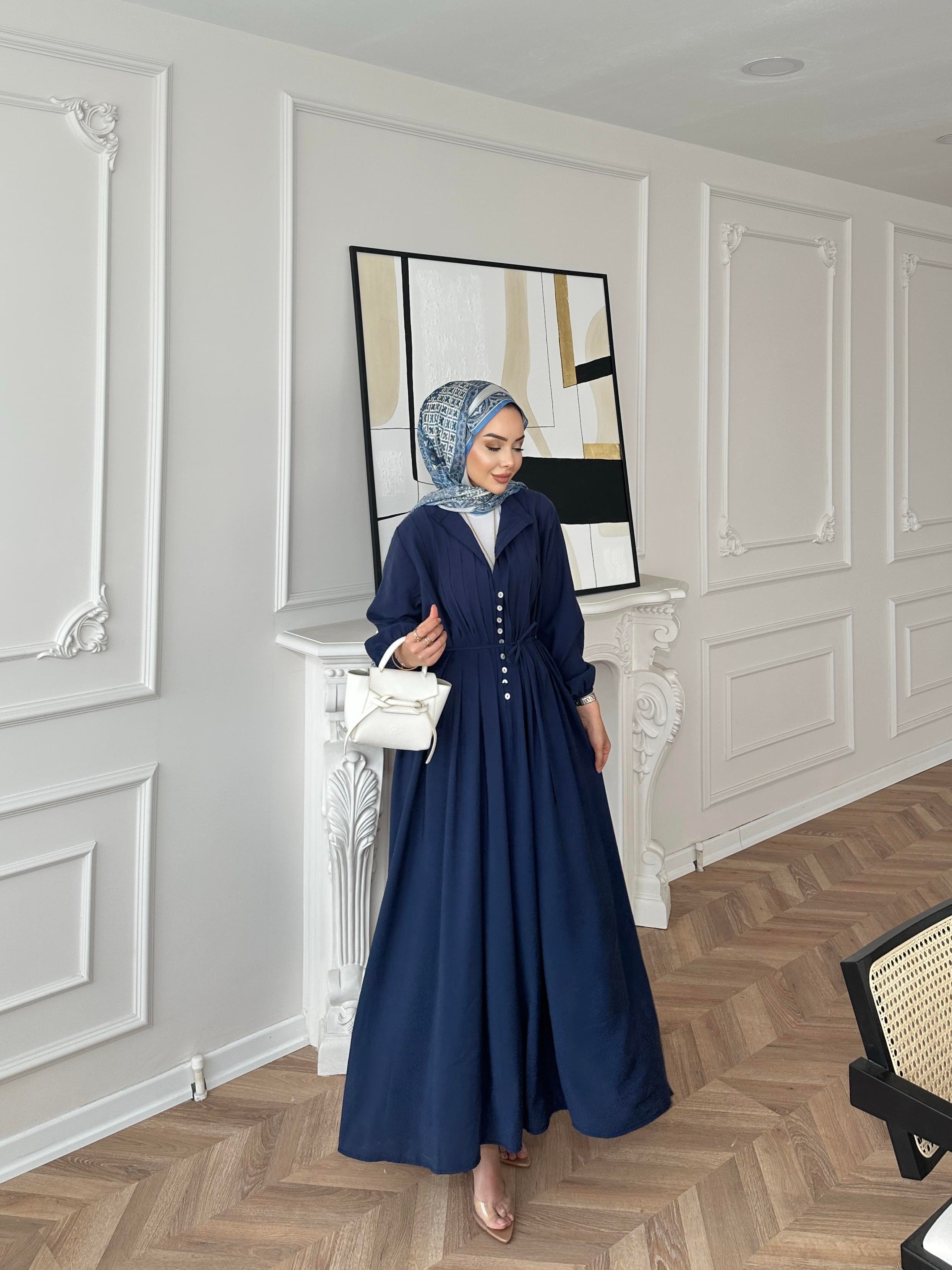 Retro Nervürlü Elbise Lacivert 