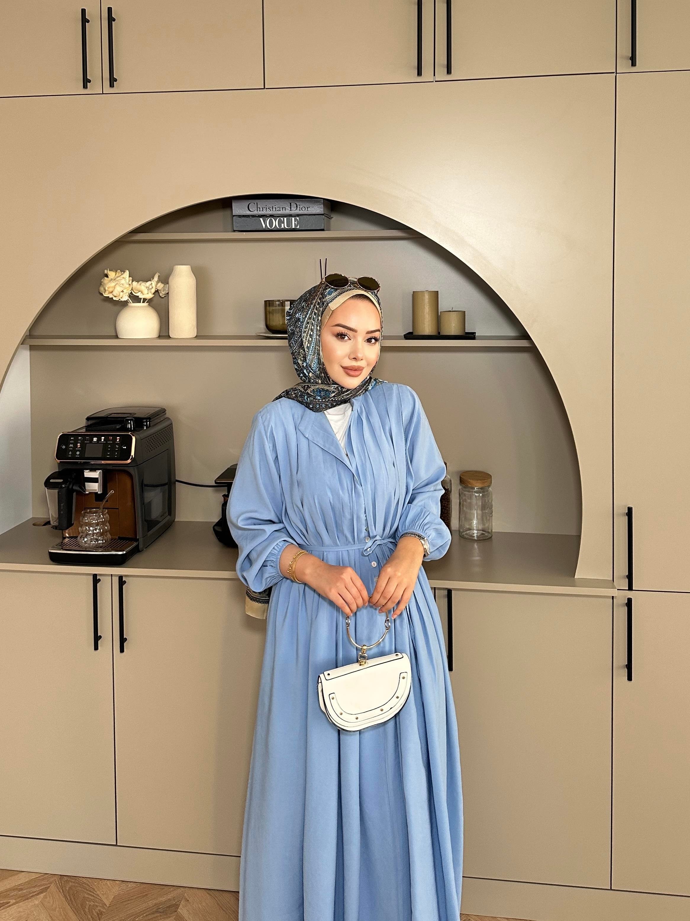 Retro Nervürlü Elbise Mavi