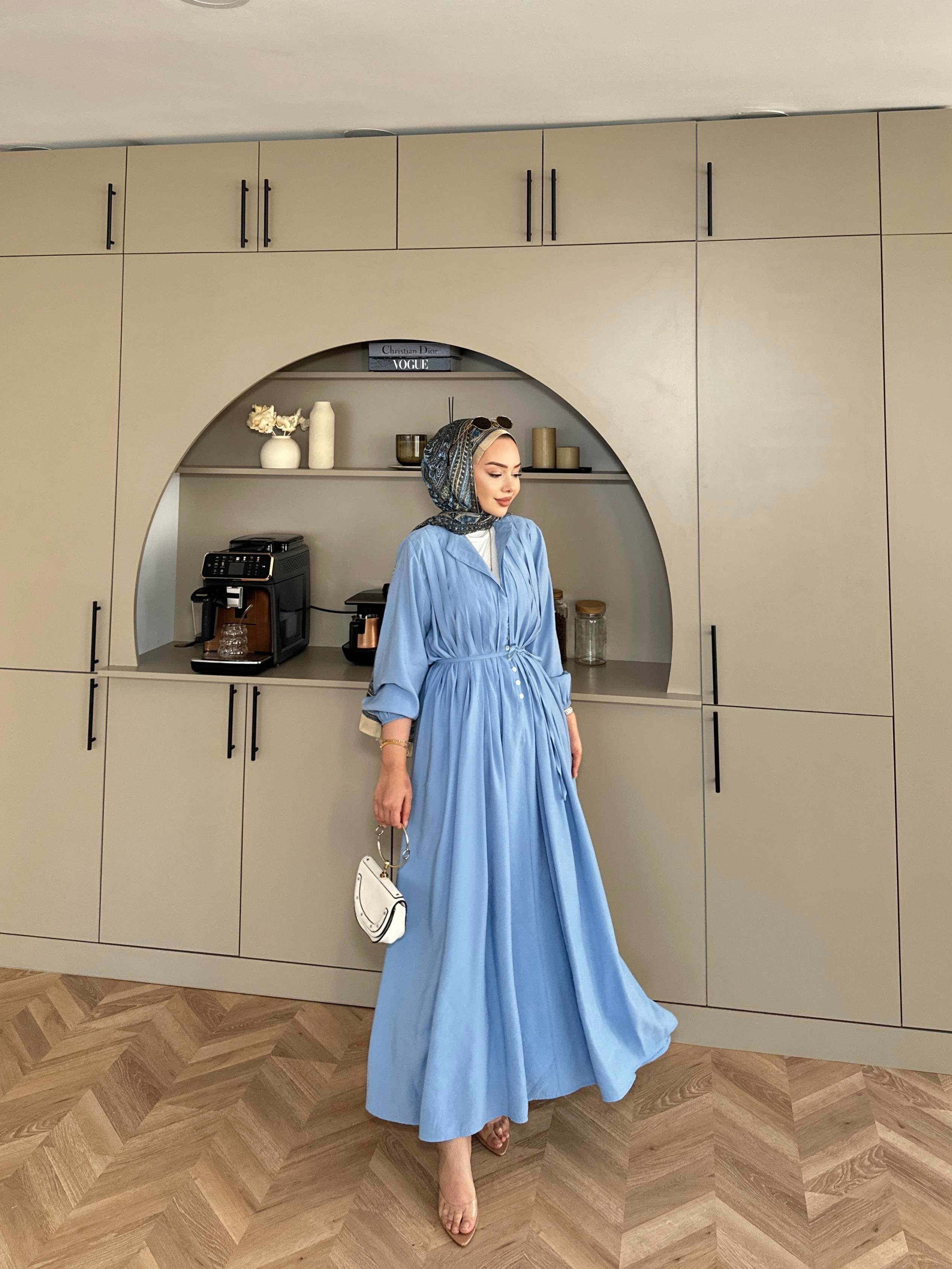 Retro Nervürlü Elbise Mavi